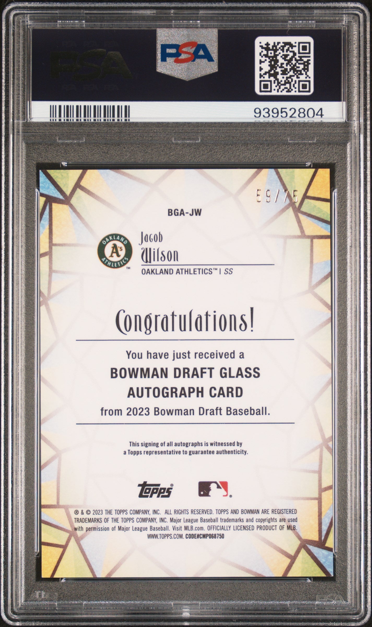 2023 Bowman Draft Bowman #BGAJW Jacob Wilson Glass Auto-Lava Ref PSA 10 #/75