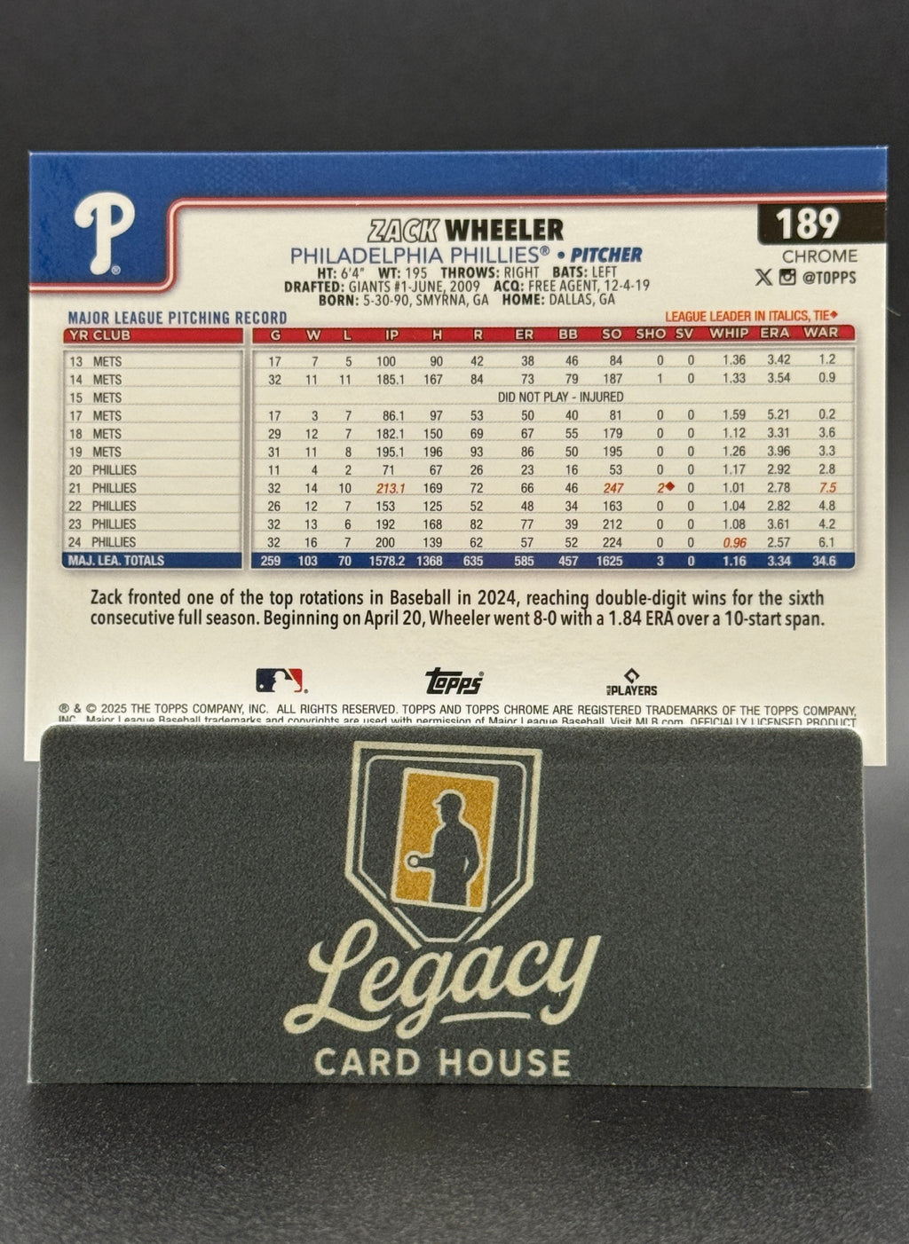 2025 Topps Chrome #189 Zack Wheeler Gold Geometric Refractors #/50
