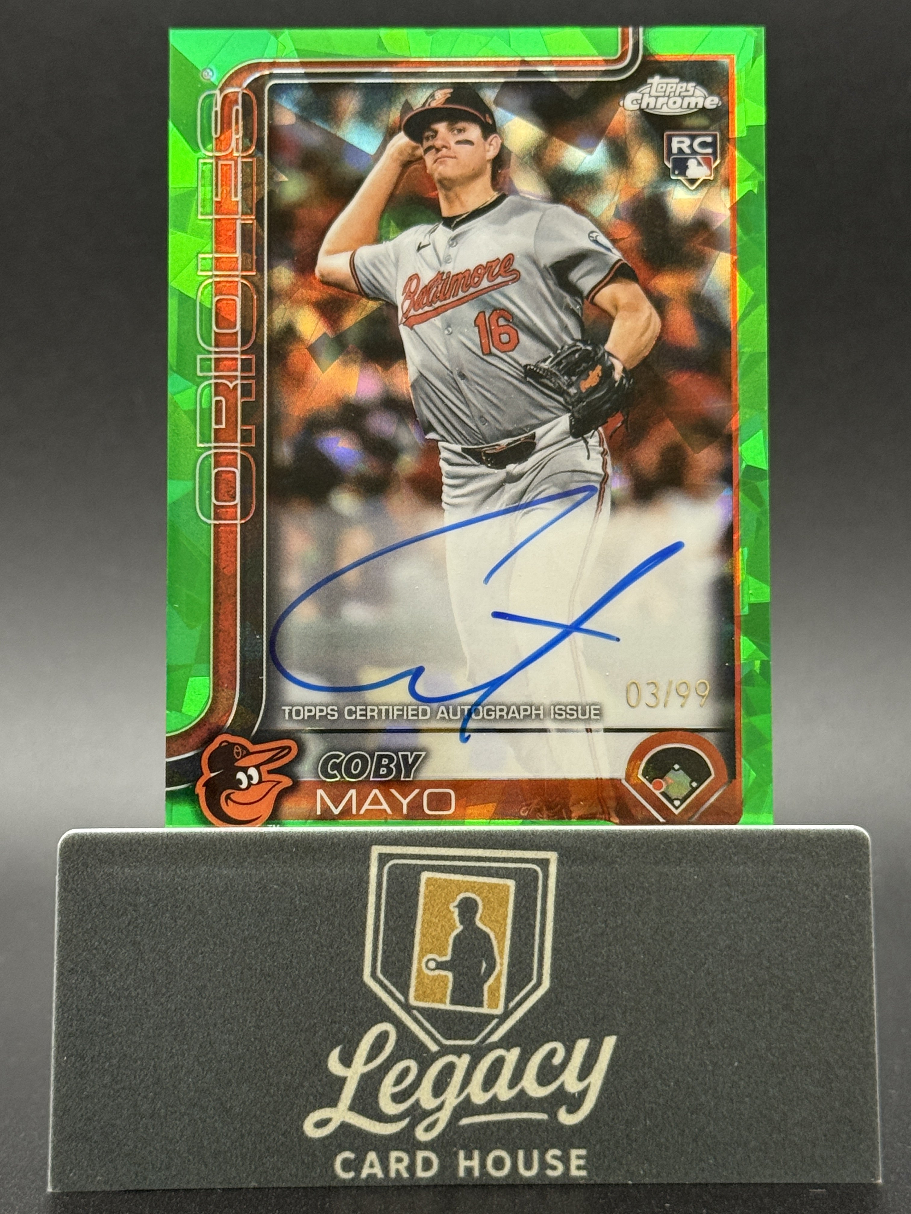 2025 Topps Chrome #RA-CMA Coby Mayo Rookie Autographs Green Refractors #/99