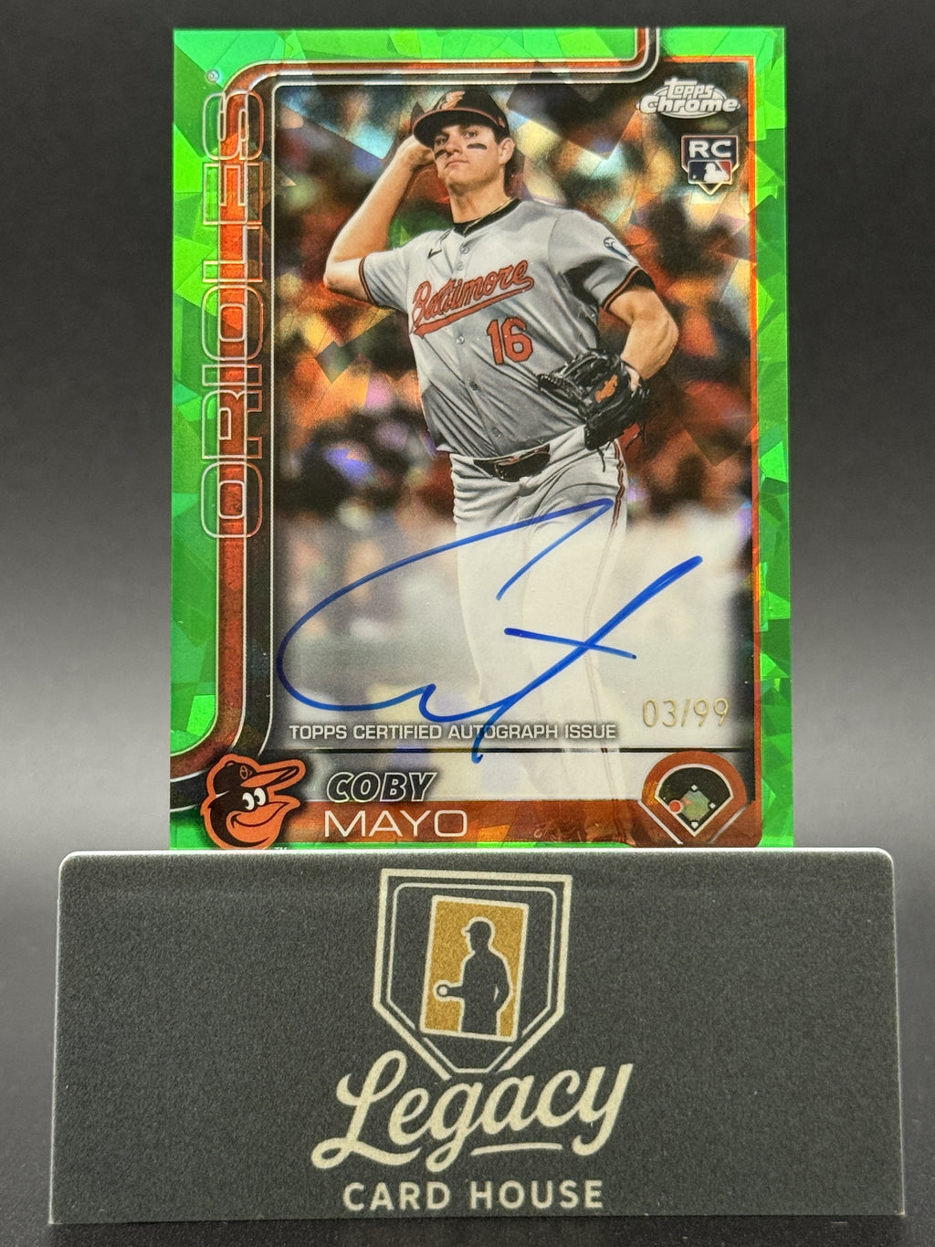 2025 Topps Chrome #RA-CMA Coby Mayo Rookie Autographs Green Refractors #/99