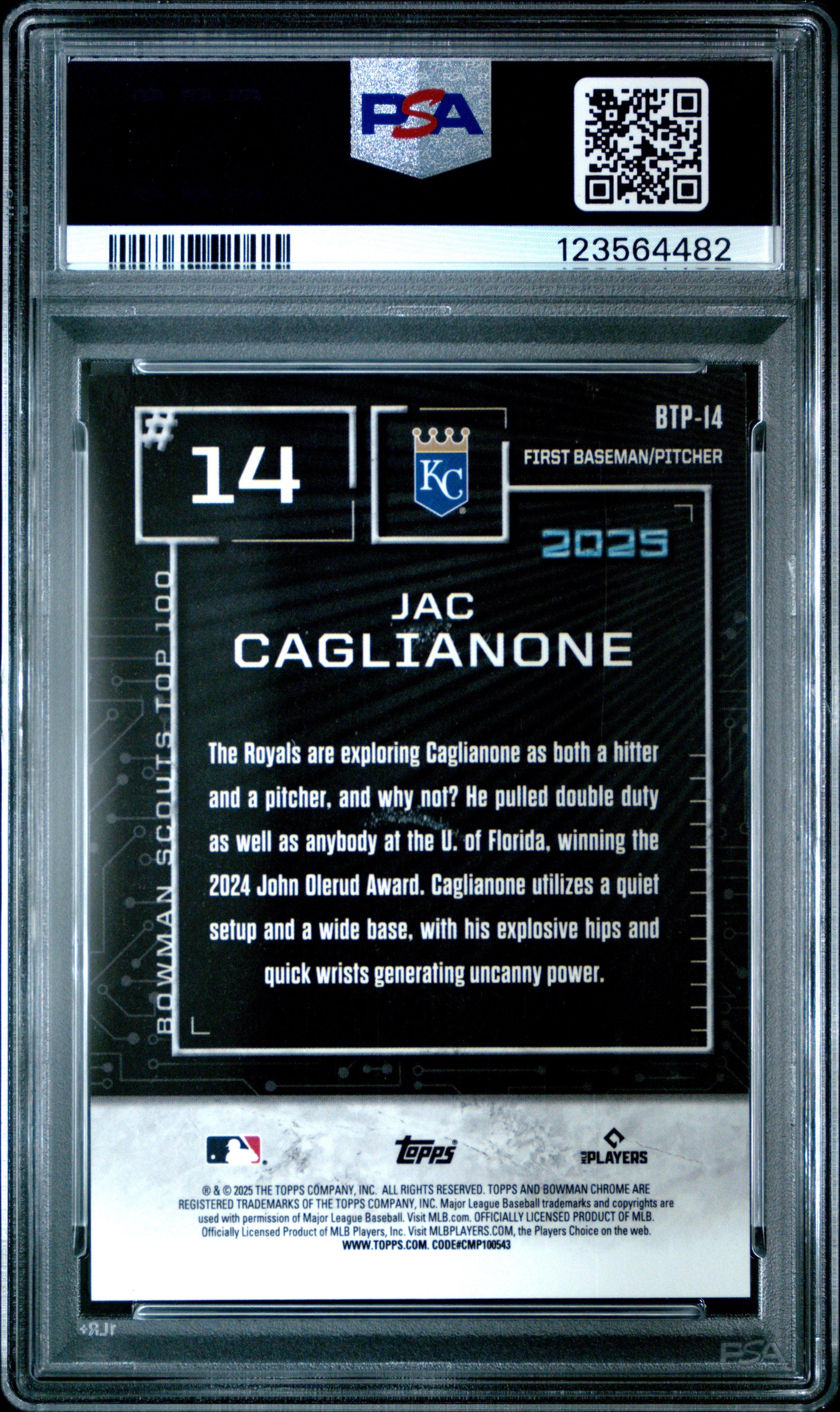 2025 Bowman #BTP-14 Jac Caglianone Scouts Top 100 Orange Refractor PSA 8 #/25