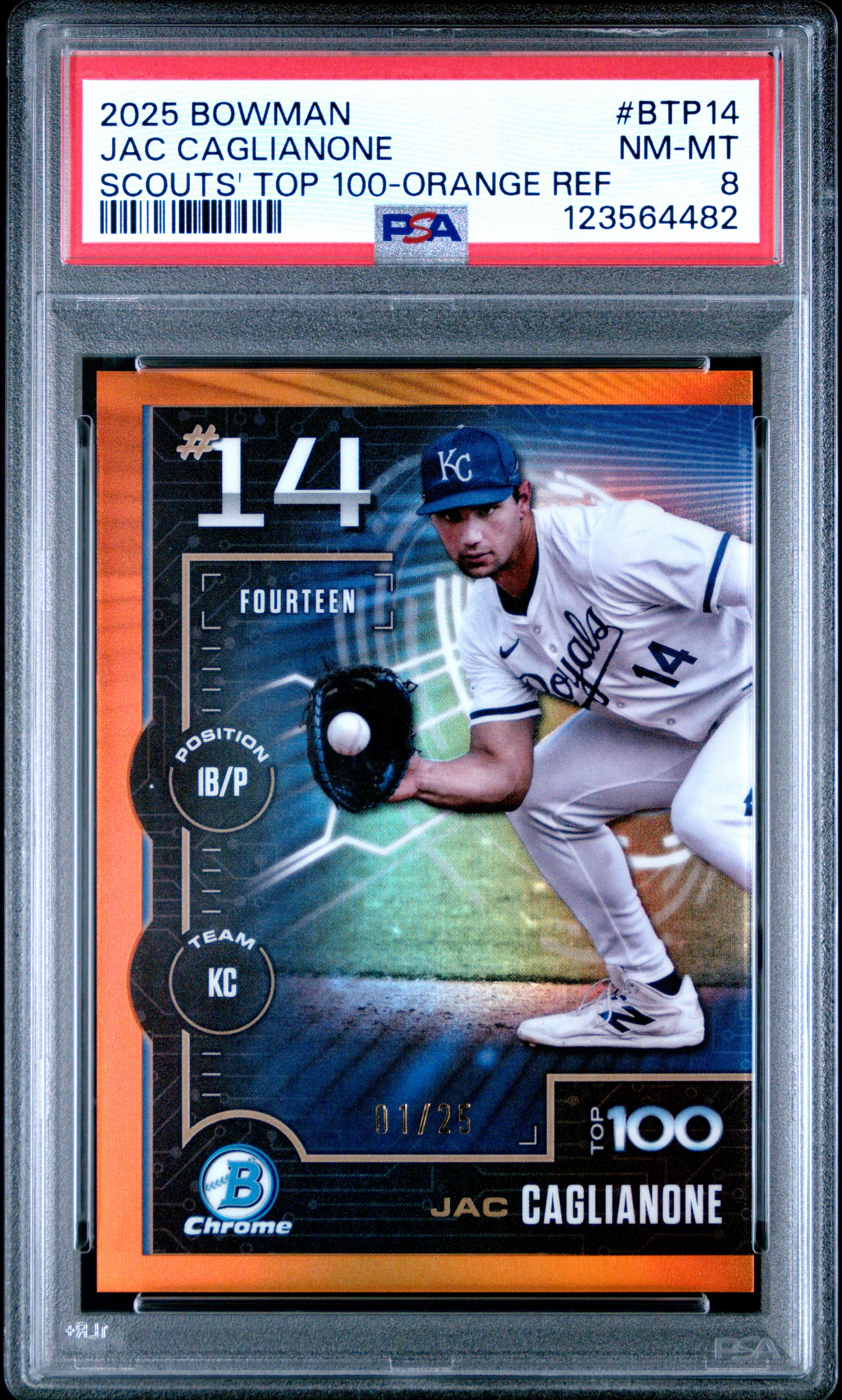 2025 Bowman #BTP-14 Jac Caglianone Scouts Top 100 Orange Refractor PSA 8 #/25