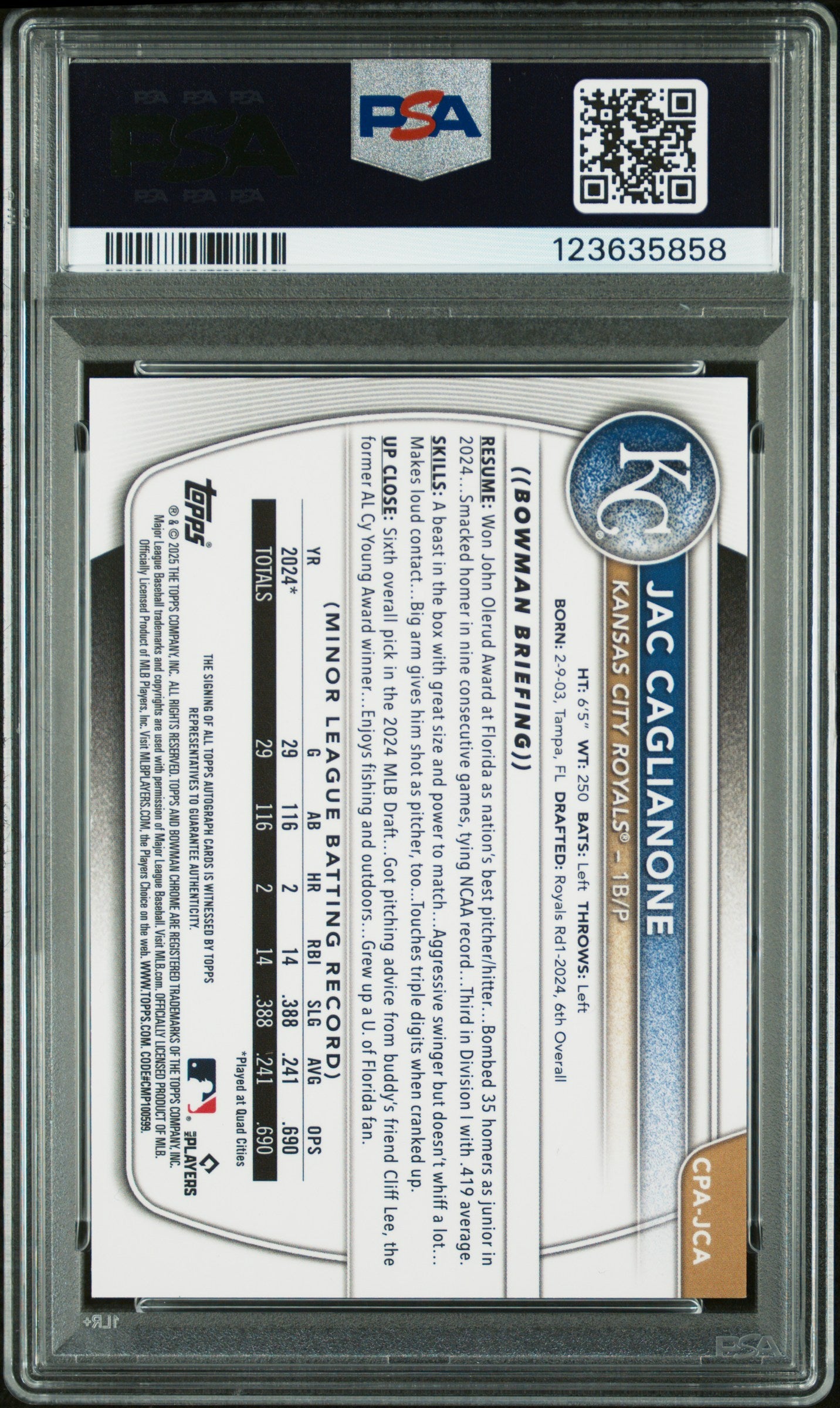2025 Bowman Jac Caglianone Chrome Prospects Auto Diamond Refractor PSA 10 /100