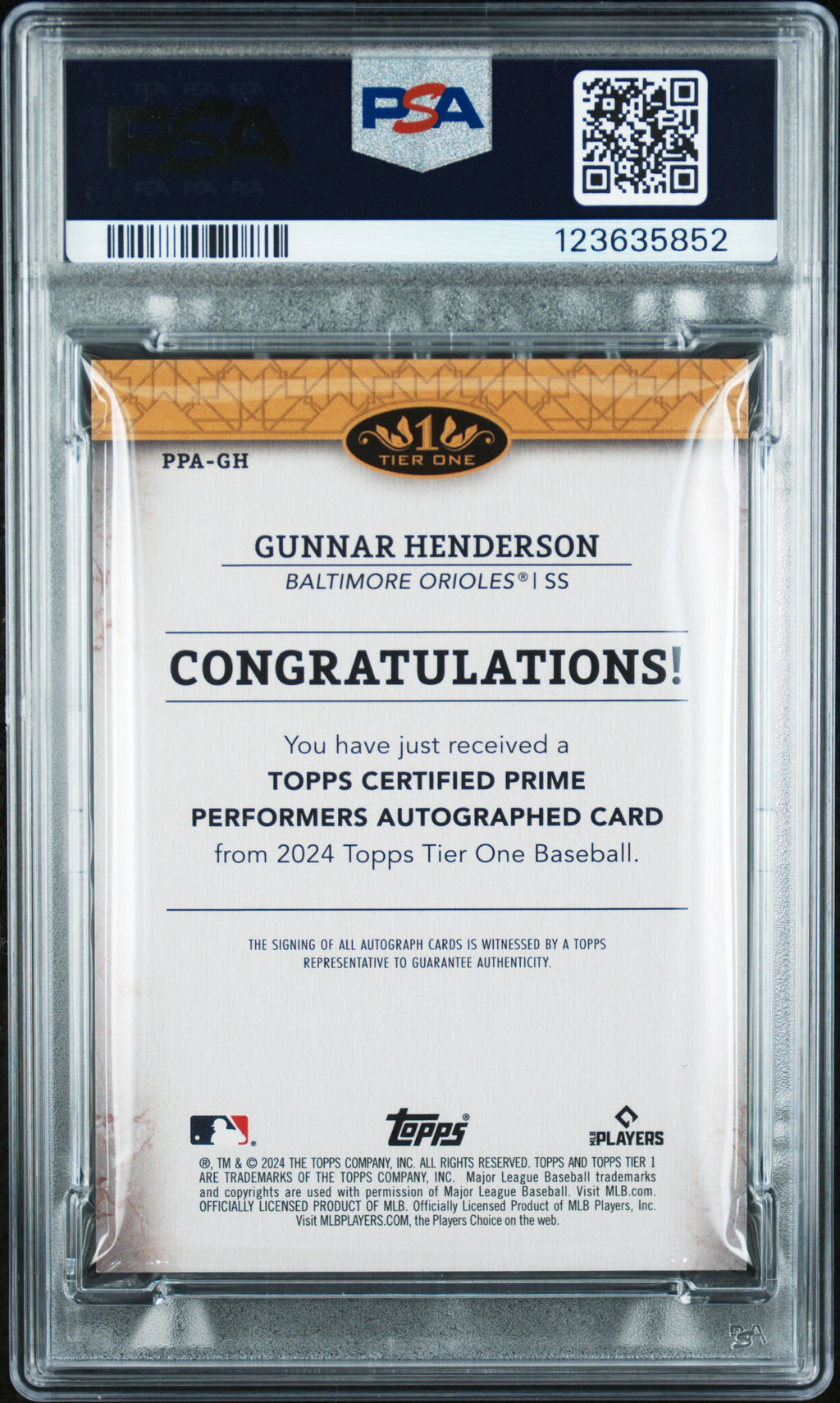 2024 Topps Tier One Gunnar Henderson Prime Perf Auto Holo Silver Foil PSA 8