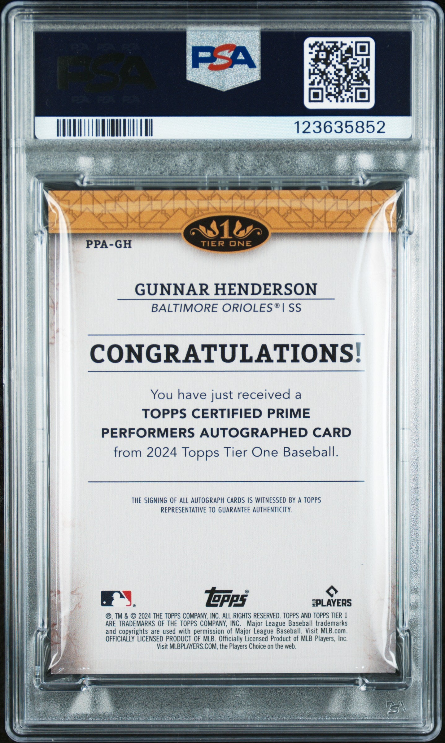 2024 Topps Tier One Gunnar Henderson Prime Perf Auto Holo Silver Foil PSA 8
