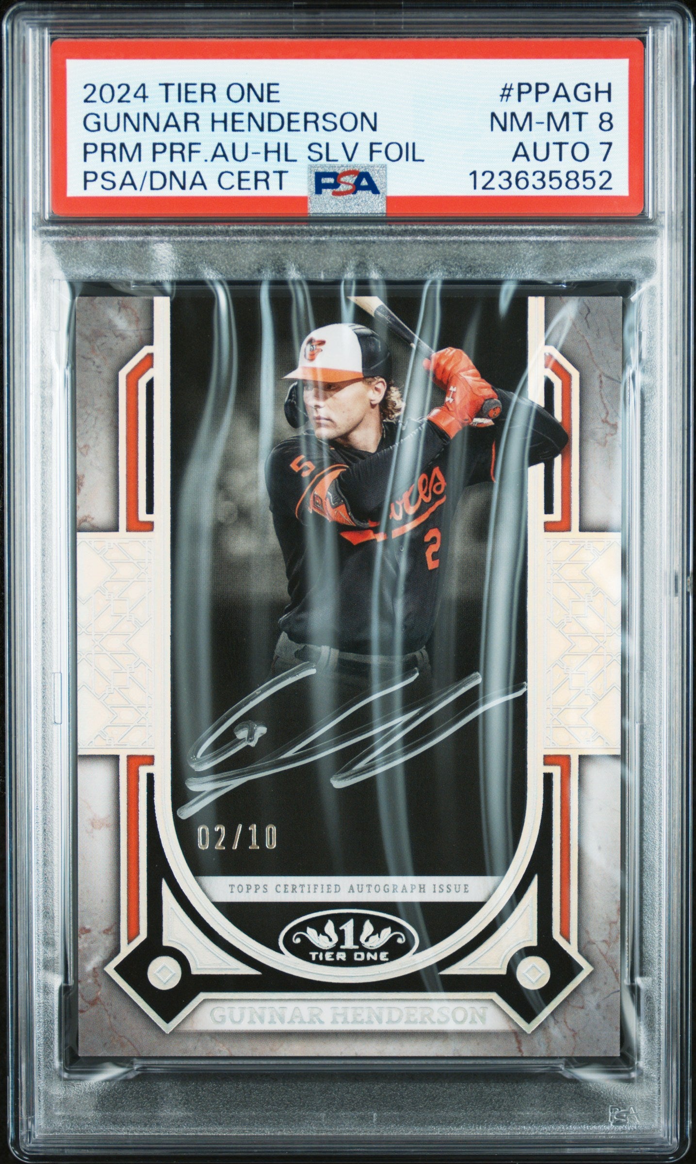 2024 Topps Tier One Gunnar Henderson Prime Perf Auto Holo Silver Foil PSA 8
