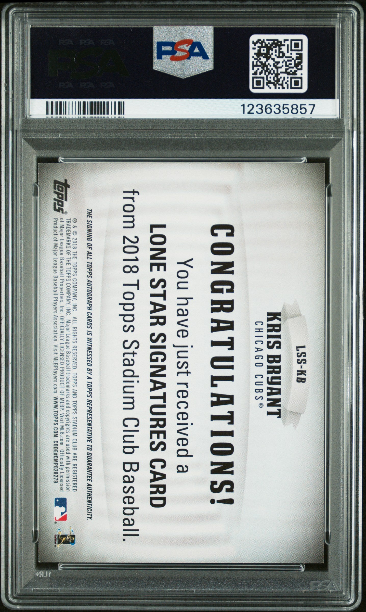 2018 Stadium Club #LSS-KB Kris Bryant Lone Star Signatures Orange PSA 9