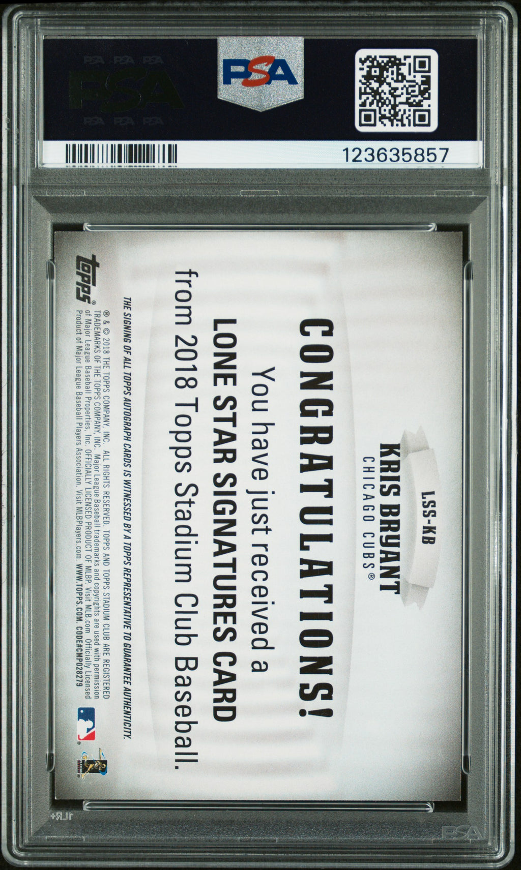 2018 Stadium Club #LSS-KB Kris Bryant Lone Star Signatures Orange PSA 9