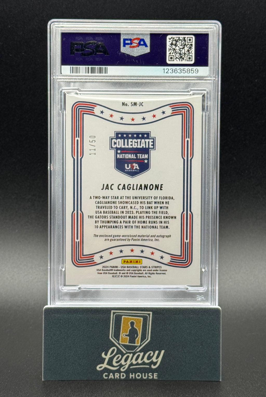 2024 Panini Stars & Stripes #SM-JC Jac Caglianone Sig. Materials Black Gold /50