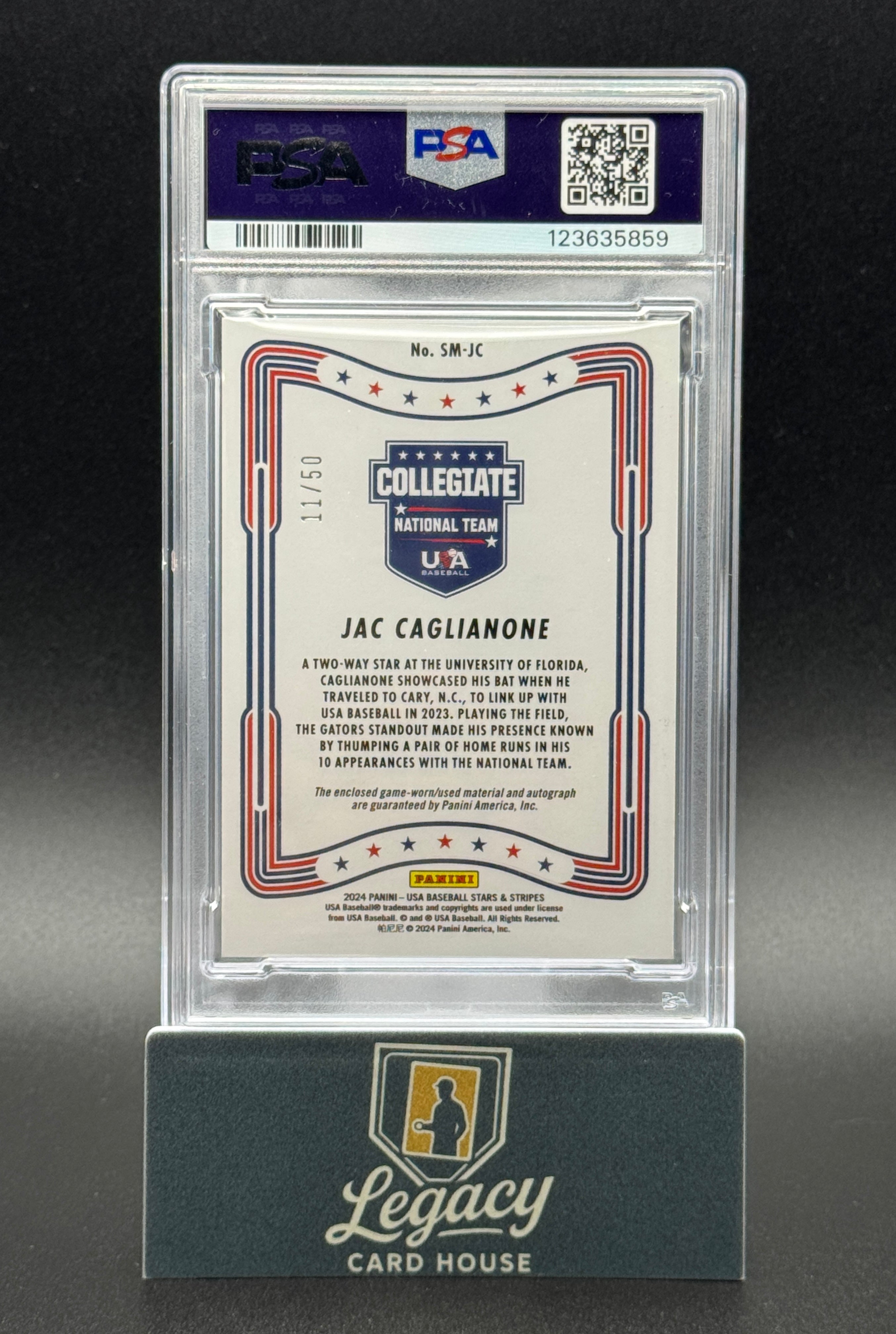 2024 Panini Stars & Stripes #SM-JC Jac Caglianone Sig. Materials Black Gold /50