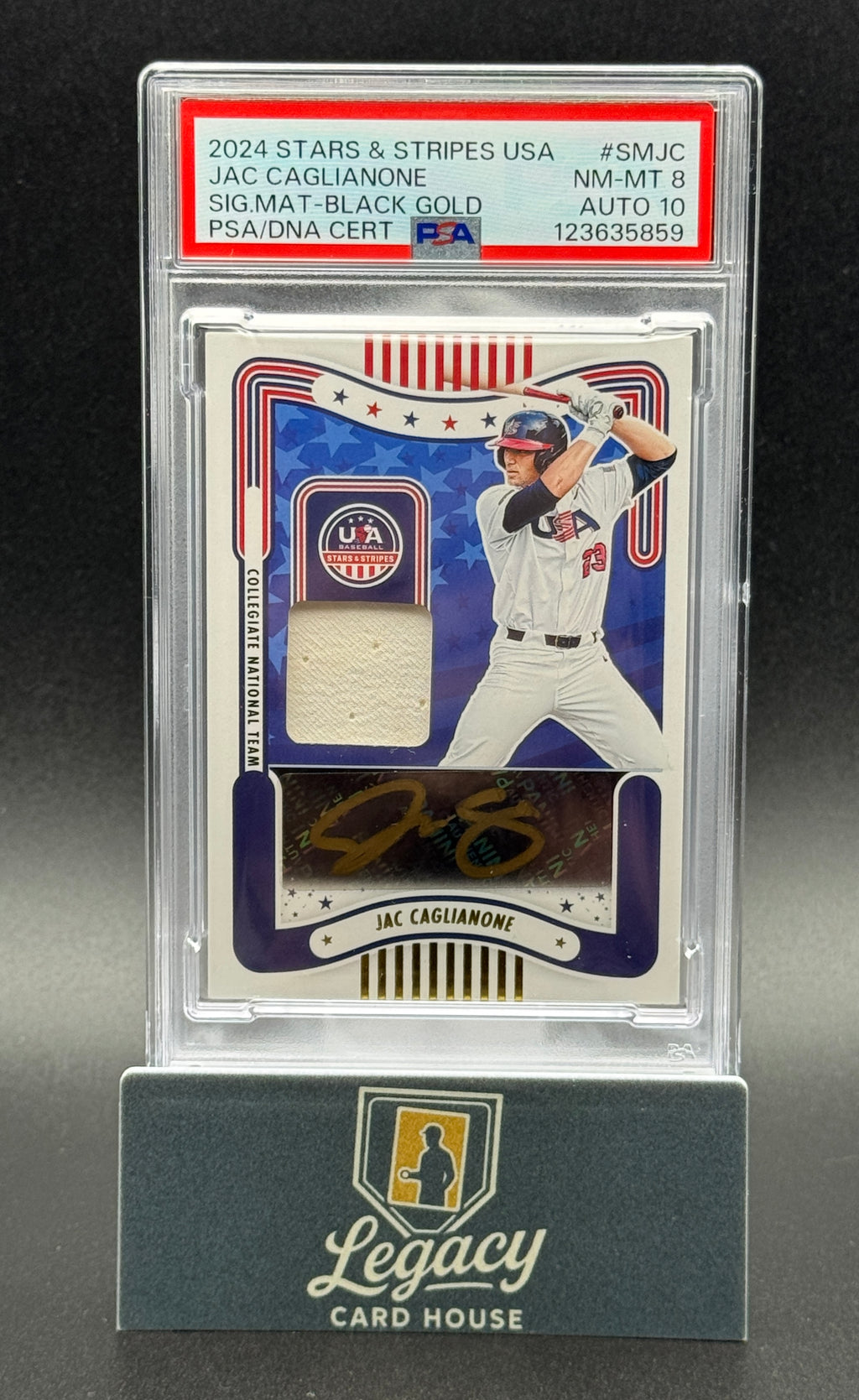 2024 Panini Stars & Stripes #SM-JC Jac Caglianone Sig. Materials Black Gold /50