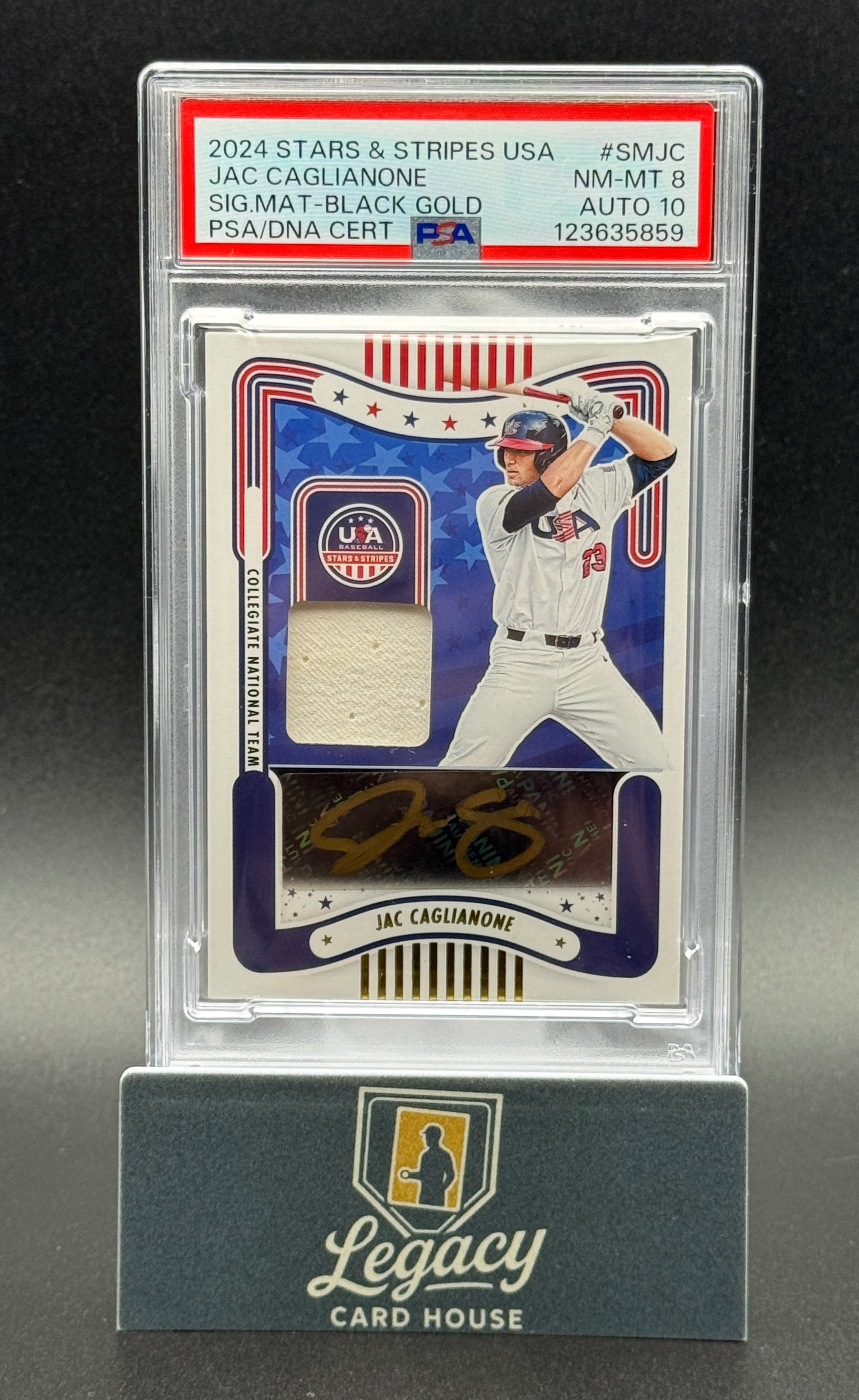 2024 Panini Stars & Stripes #SM-JC Jac Caglianone Sig. Materials Black Gold /50