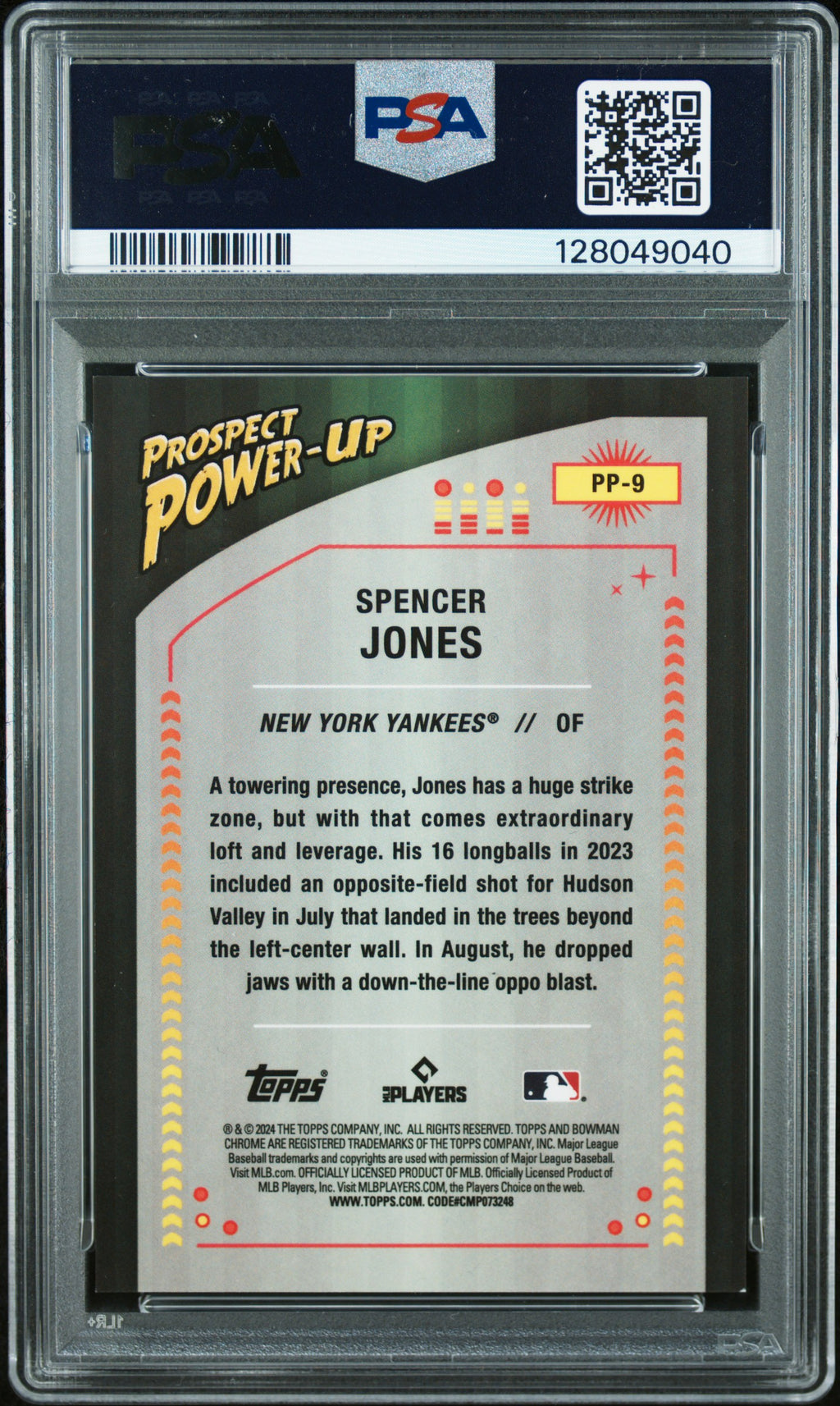 2024 Bowman #PP-9 Spencer Jones Prospect Power-Up Orange Refractors PSA 9 #/25