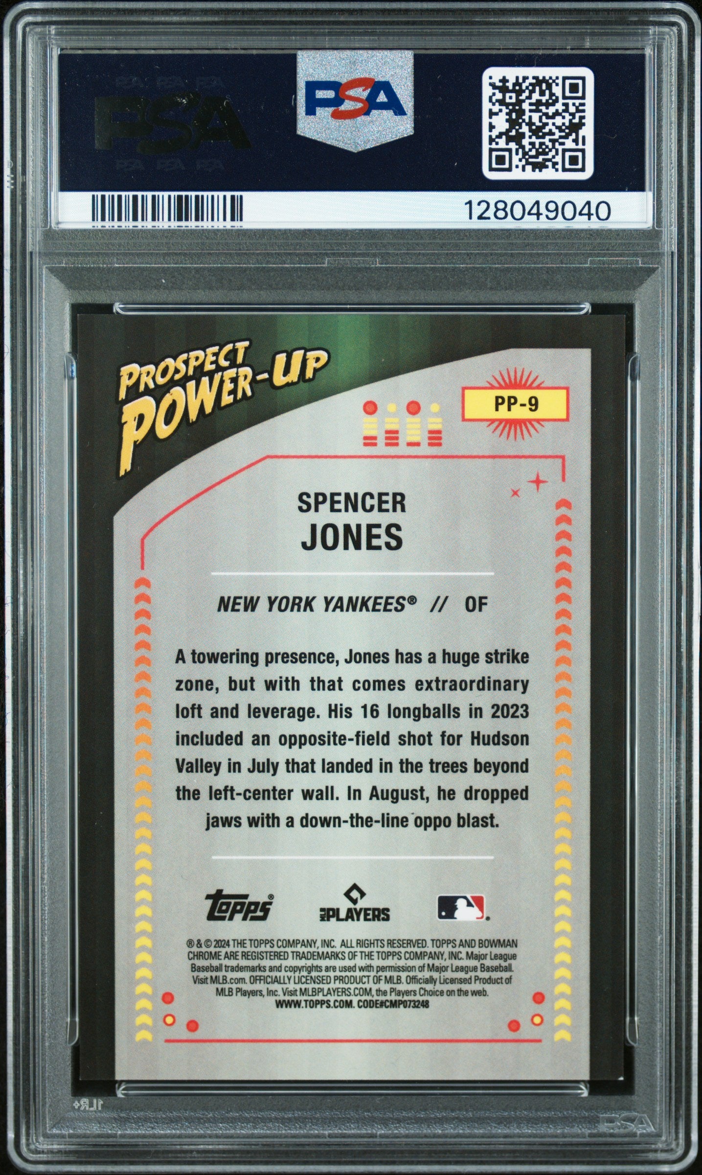 2024 Bowman #PP-9 Spencer Jones Prospect Power-Up Orange Refractors PSA 9 #/25
