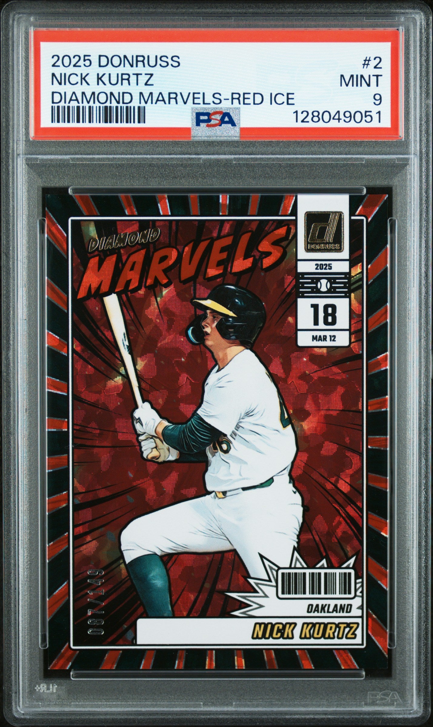 2025 Donruss #2 Nick Kurtz Diamond Marvels Red Ice PSA 9 #/149
