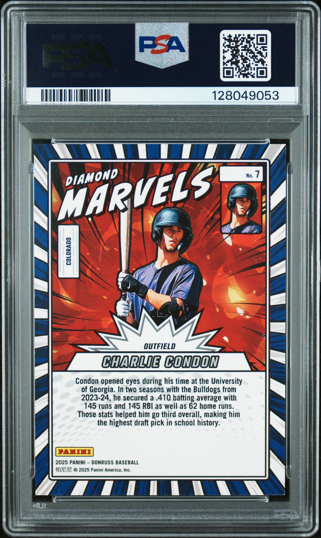 2025 Donruss #7 Charlie Condon Diamond Marvels Orange Ice PSA 8.5 #/75