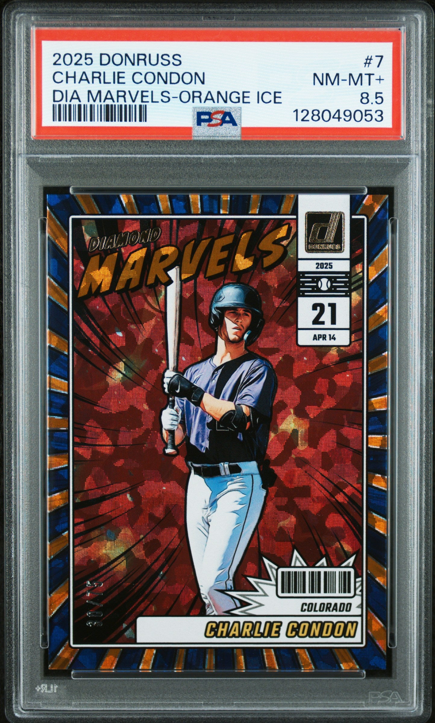 2025 Donruss #7 Charlie Condon Diamond Marvels Orange Ice PSA 8.5 #/75