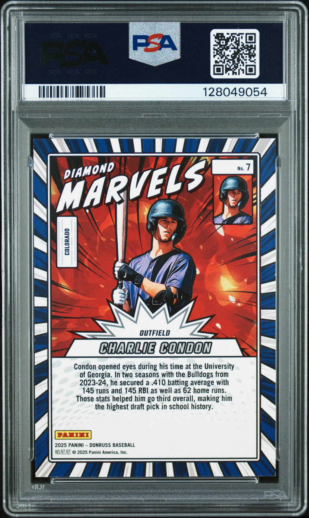 2025 Donruss #7 Charlie Condon Diamond Marvels Orange Ice PSA 8.5 #/75
