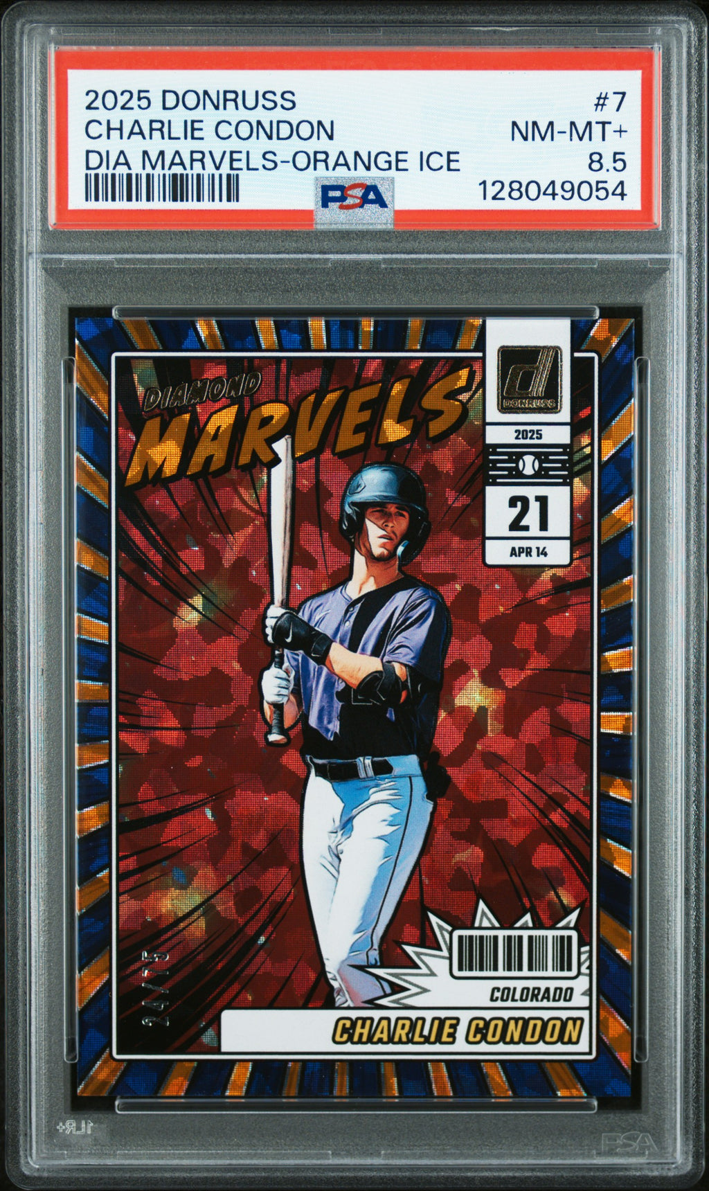 2025 Donruss #7 Charlie Condon Diamond Marvels Orange Ice PSA 8.5 #/75
