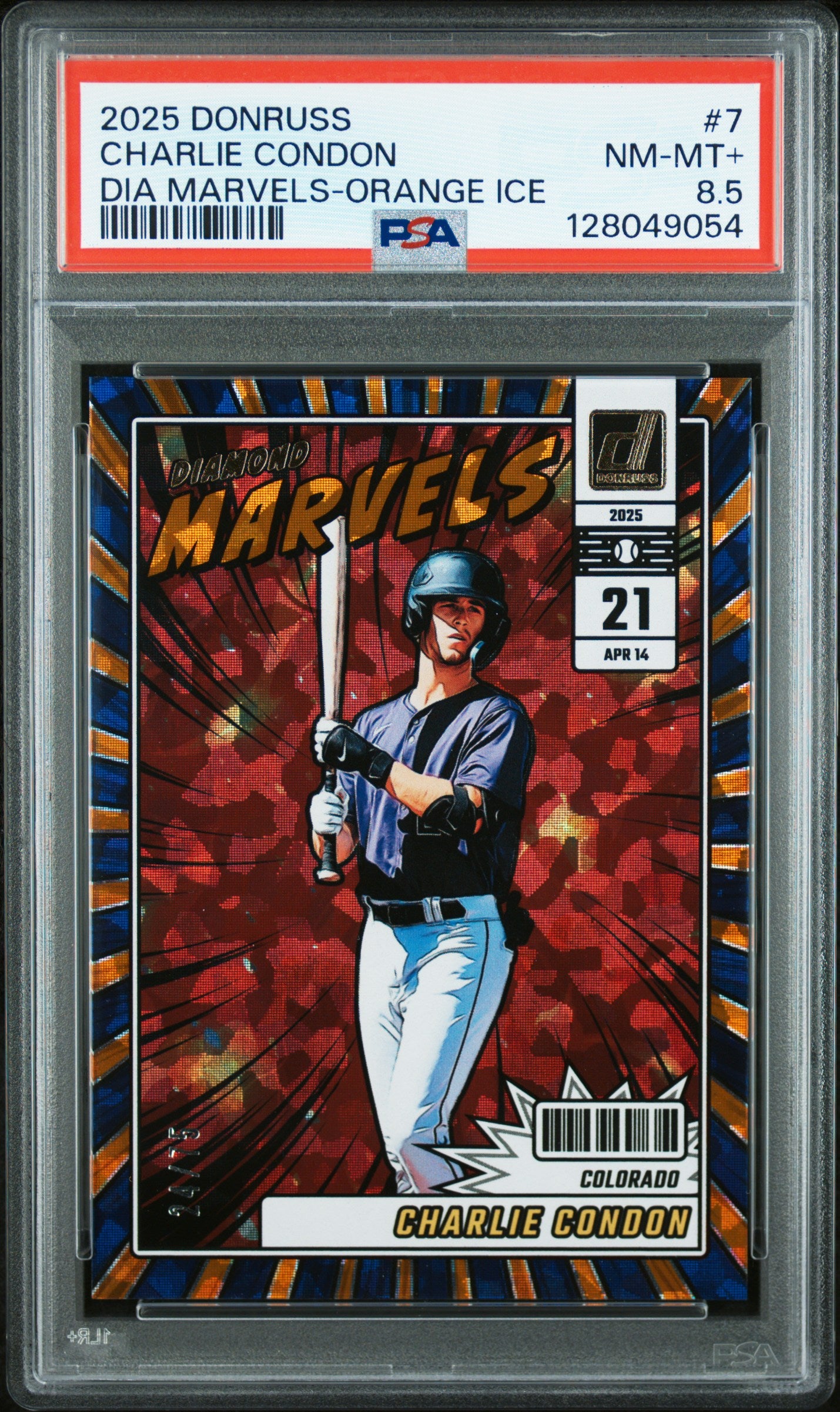 2025 Donruss #7 Charlie Condon Diamond Marvels Orange Ice PSA 8.5 #/75