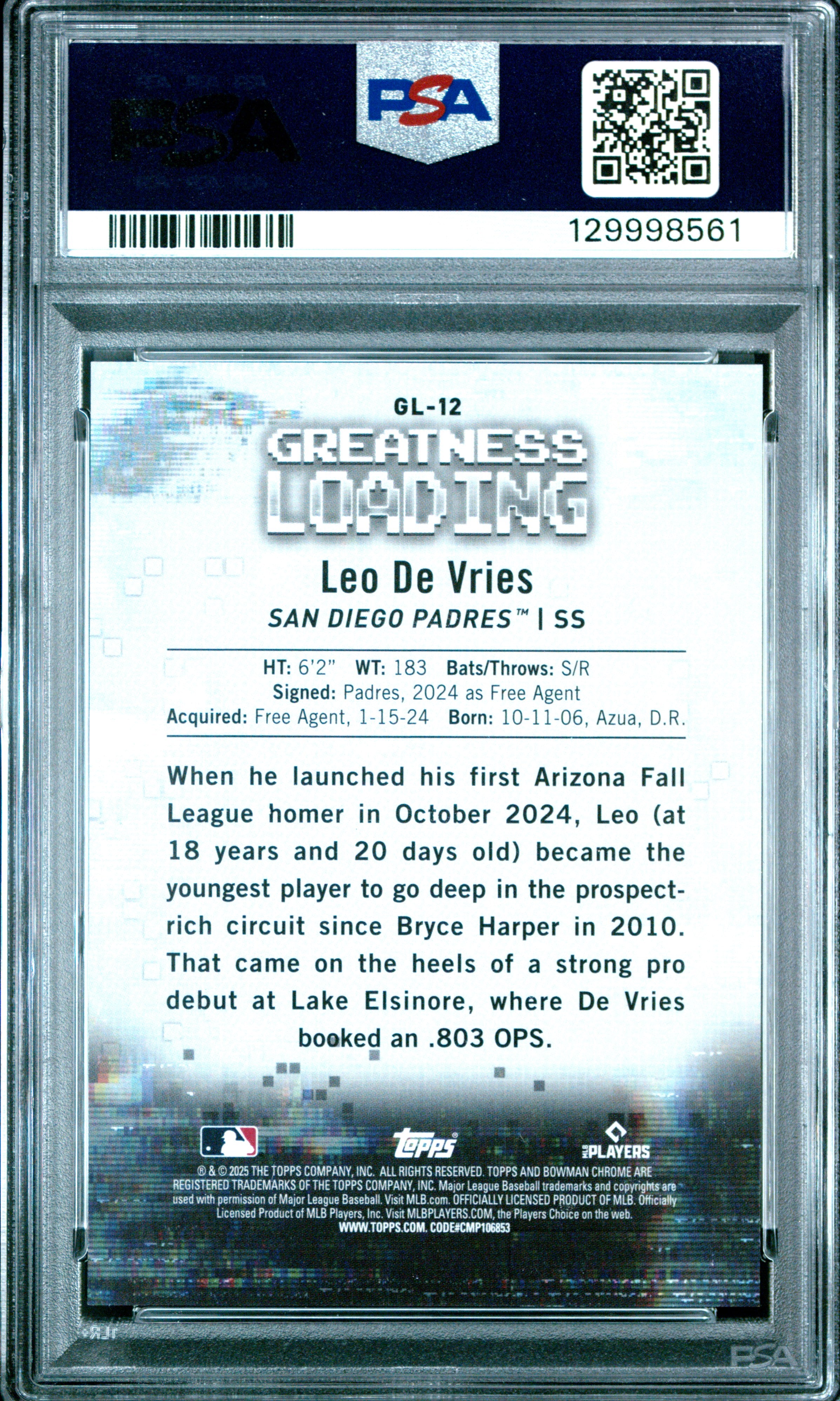2025 Bowman #GL-12 Leo De Vries Greatness Loading Green Refractor PSA 10 #/99