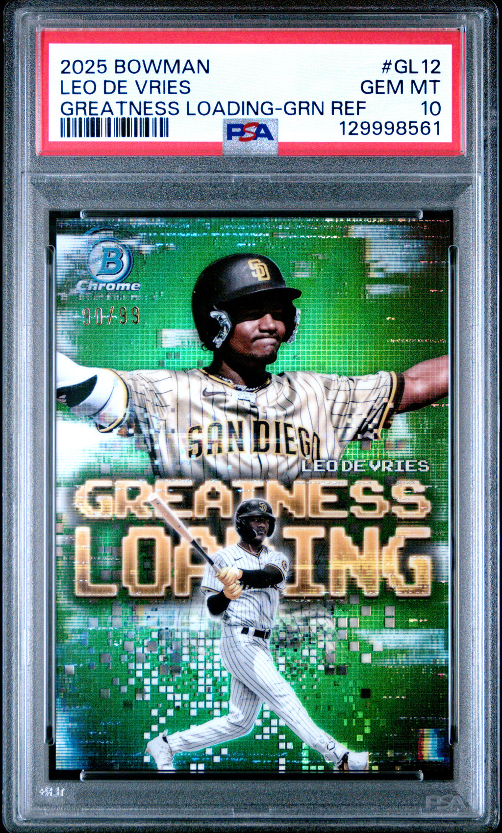 2025 Bowman #GL-12 Leo De Vries Greatness Loading Green Refractor PSA 10 #/99