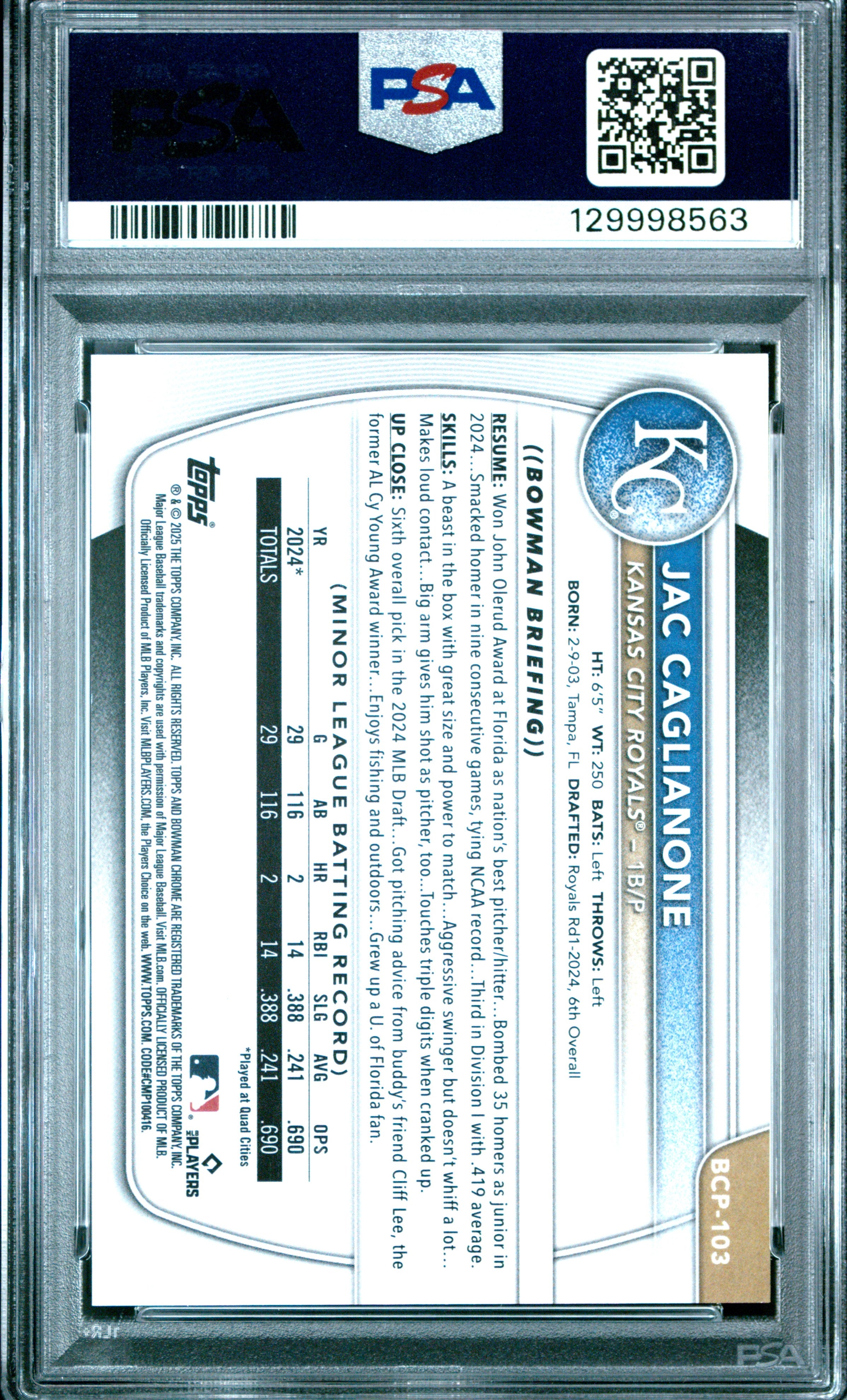 2025 Bowman #BCP-103 Jac Caglianone Chrome Prospects Orange Refractor PSA 9 #/25