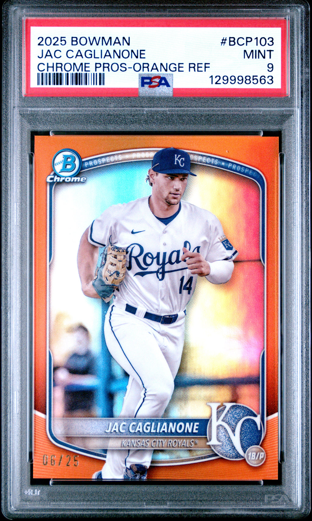 2025 Bowman #BCP-103 Jac Caglianone Chrome Prospects Orange Refractor PSA 9 #/25