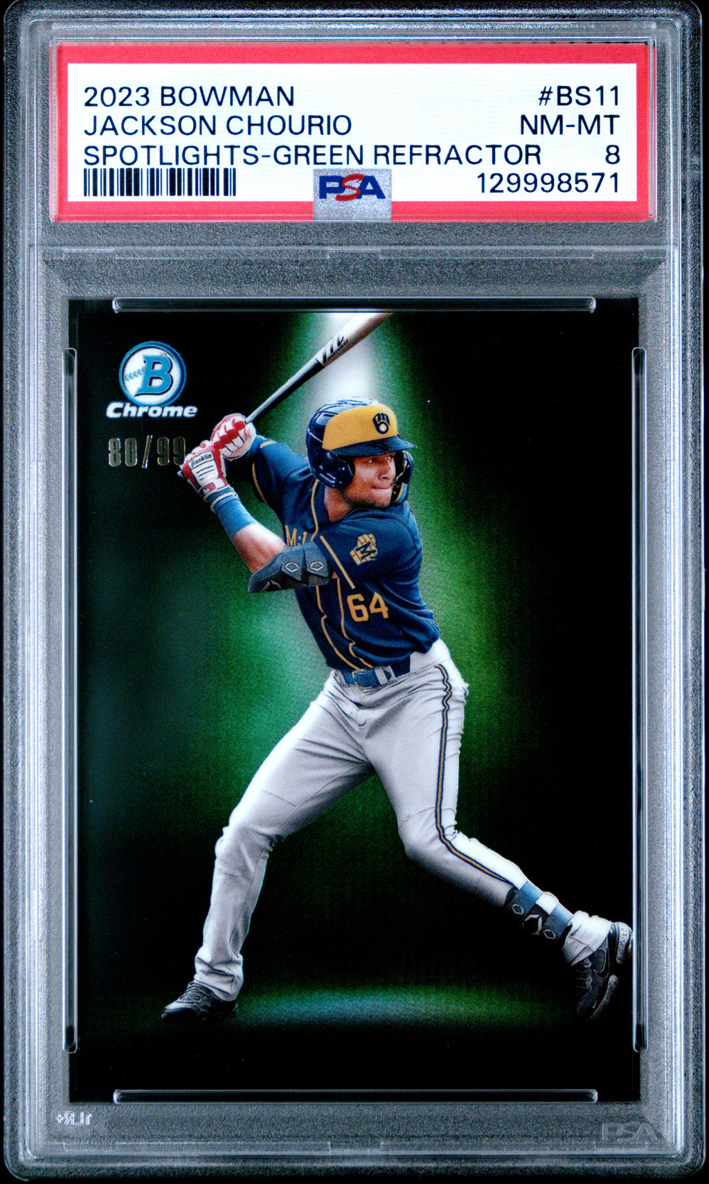 2023 Bowman #BS-11 Jackson Chourio Bowman Spotlights Green Refractors PSA 8 #/99