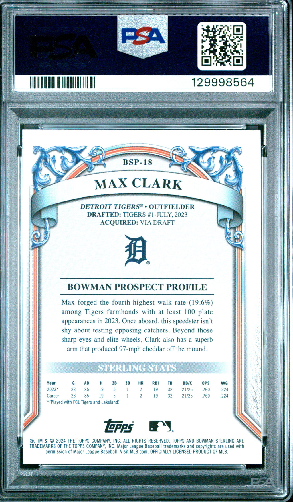 2024 Bowman Sterling #BSP-18 Max Clark Gold Refractor PSA 8 #/50