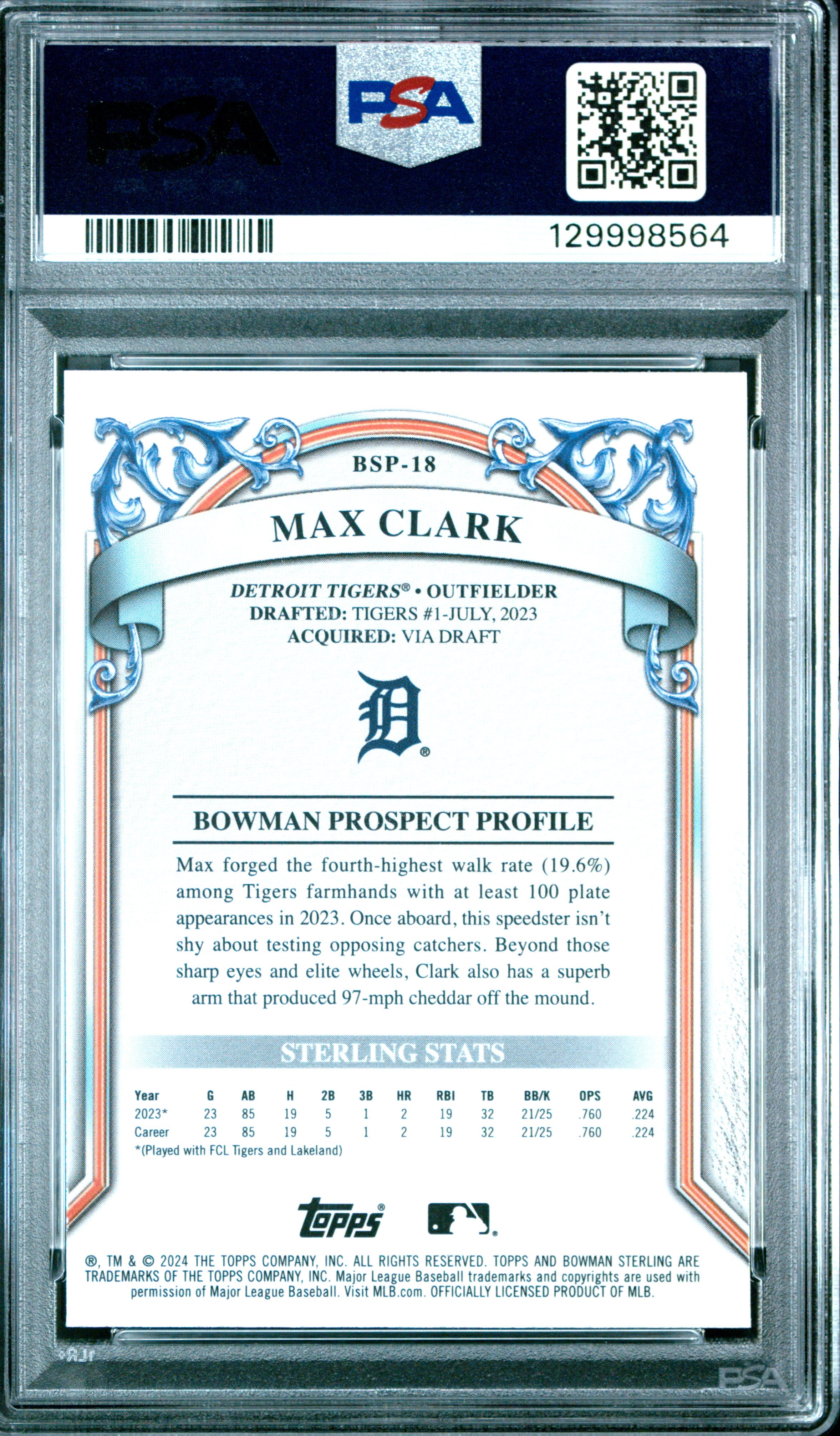 2024 Bowman Sterling #BSP-18 Max Clark Gold Refractor PSA 8 #/50