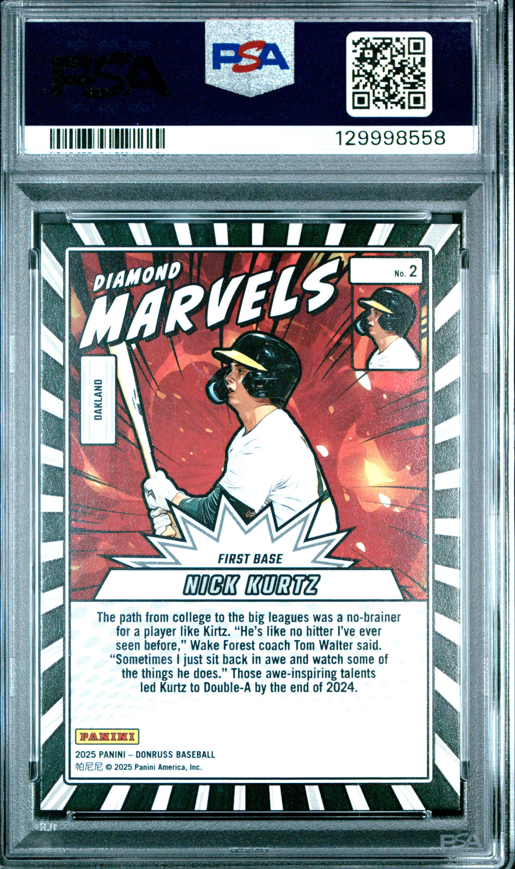 2025 Donruss #2 Nick Kurtz Diamond Marvels Red Xplosion PSA 9 #/99