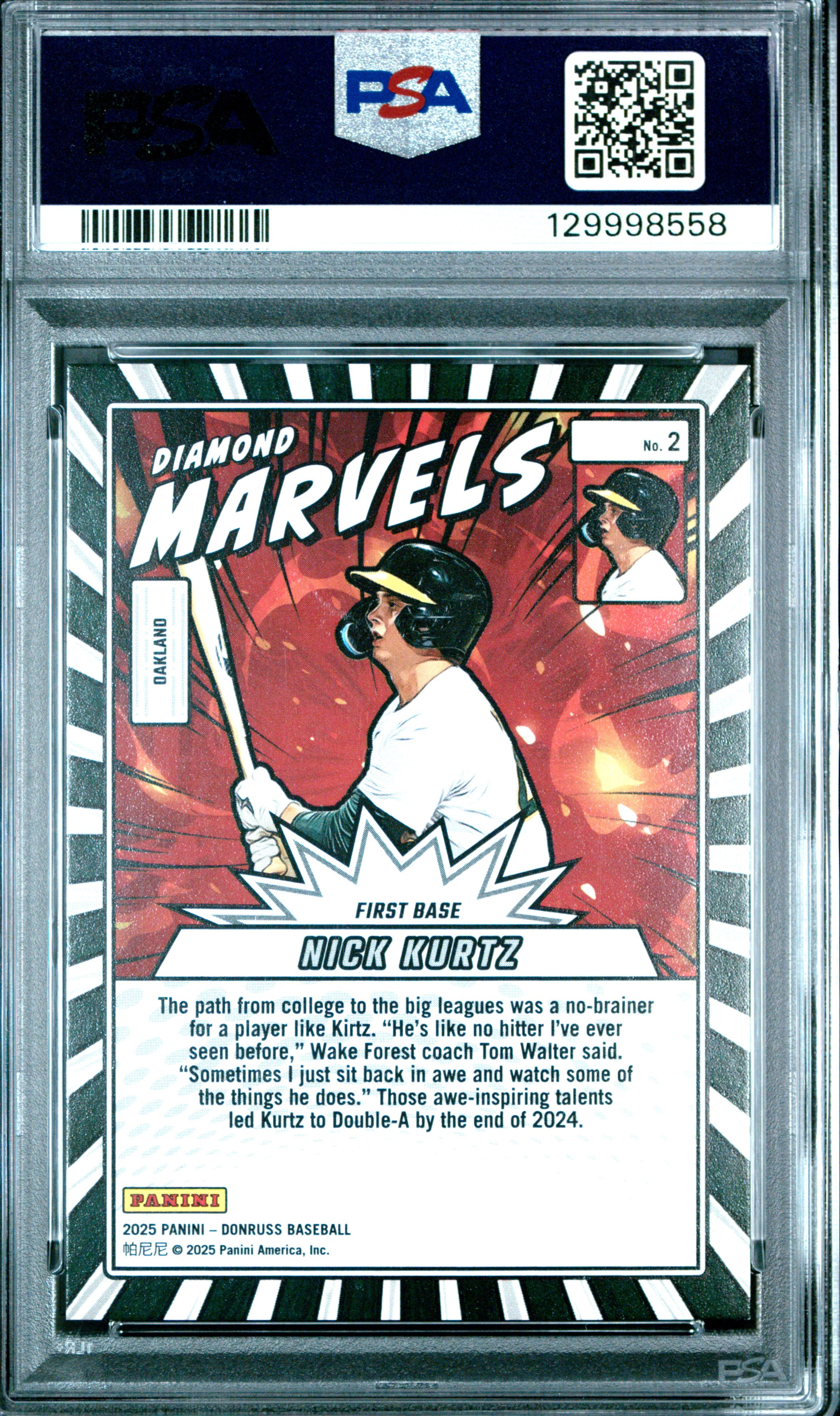 2025 Donruss #2 Nick Kurtz Diamond Marvels Red Xplosion PSA 9 #/99