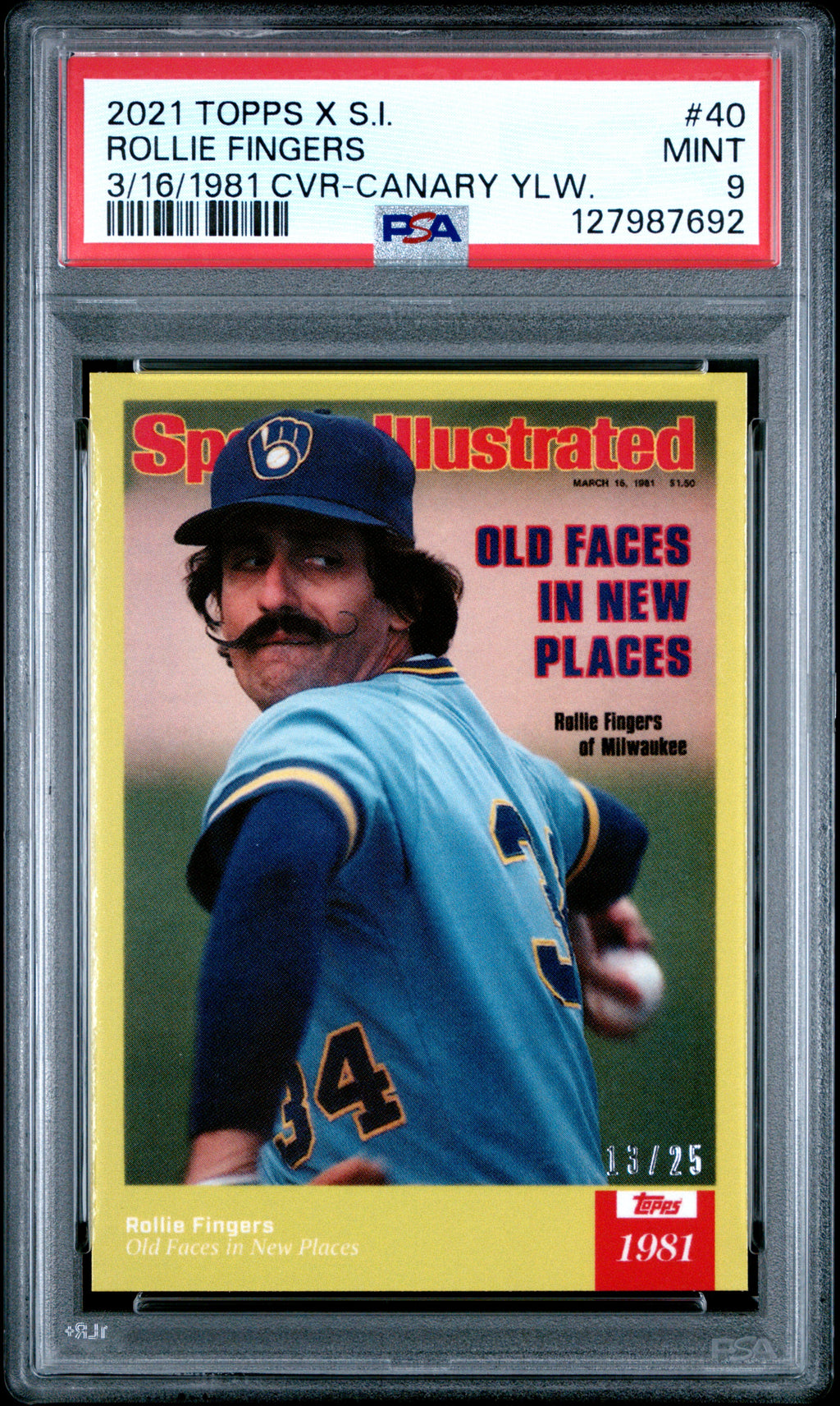 2021 Topps x Sports Illustrated #40 Rollie Fingers Canary Yellow PSA 9 #/25