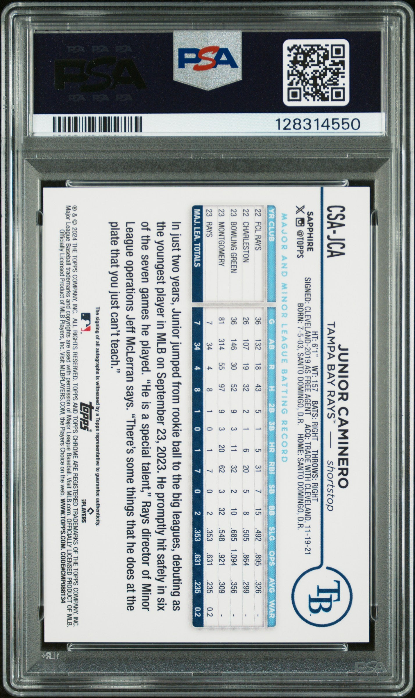 2024 Topps Chrome Sapphire #CSA-JCA Junior Caminero Auto Green PSA 10 #/99