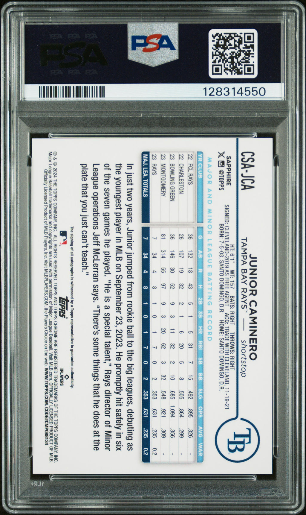 2024 Topps Chrome Sapphire #CSA-JCA Junior Caminero Auto Green PSA 10 #/99