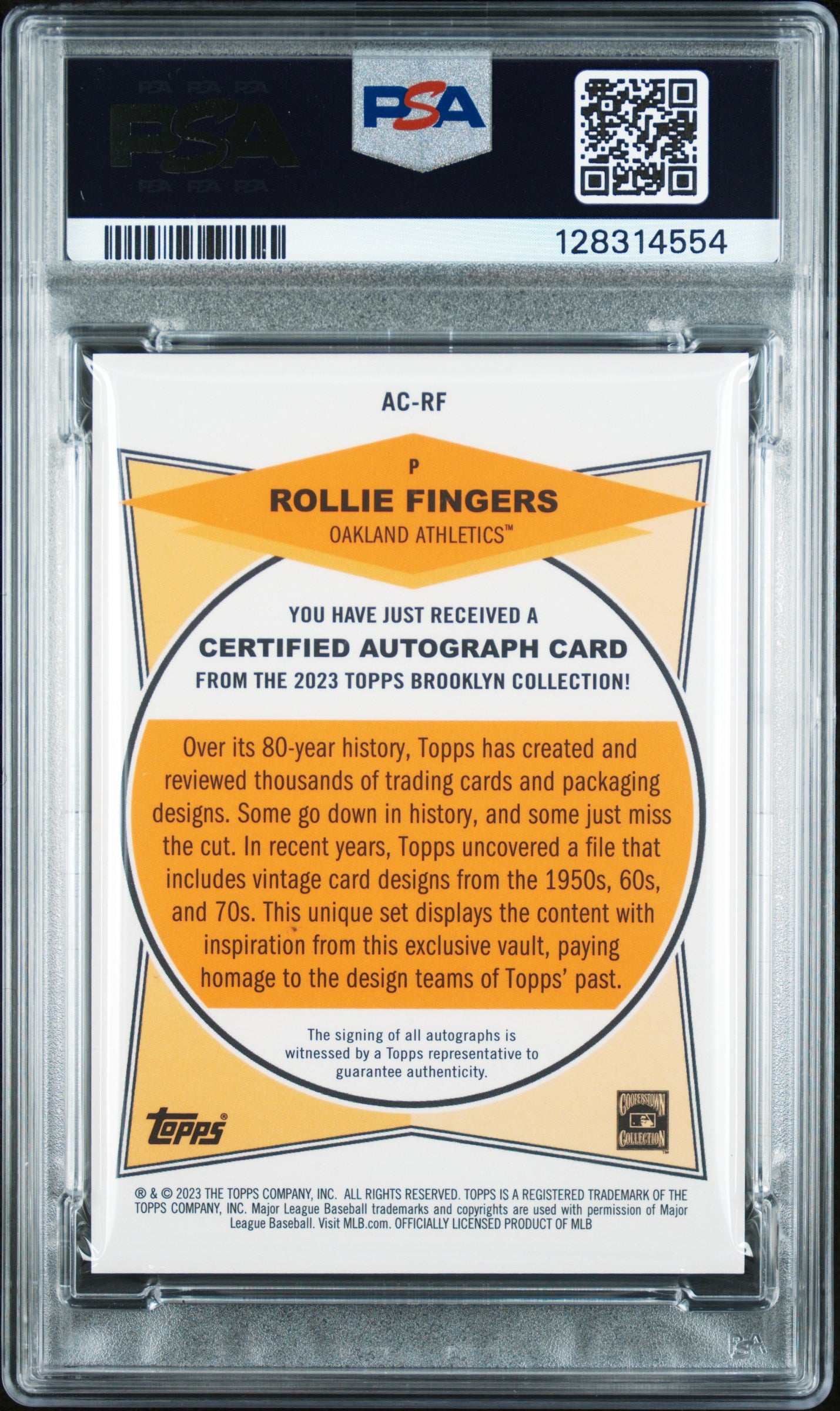 2023 Topps Brooklyn Collection Autograph #RF Rollie Fingers Auto-Gold PSA 10 /50