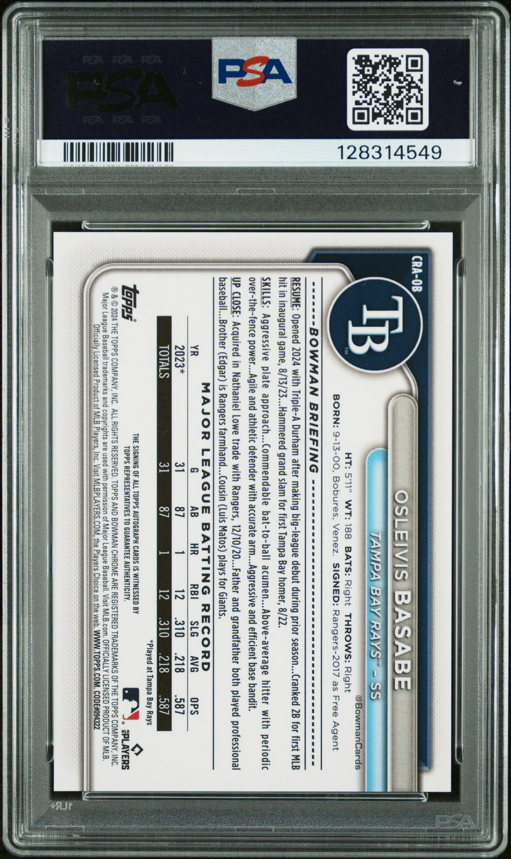 2024 Bowman Chrome #CRA-OB Osleivis Basabe Rookie Auto Orange Mojo PSA 9 #/25