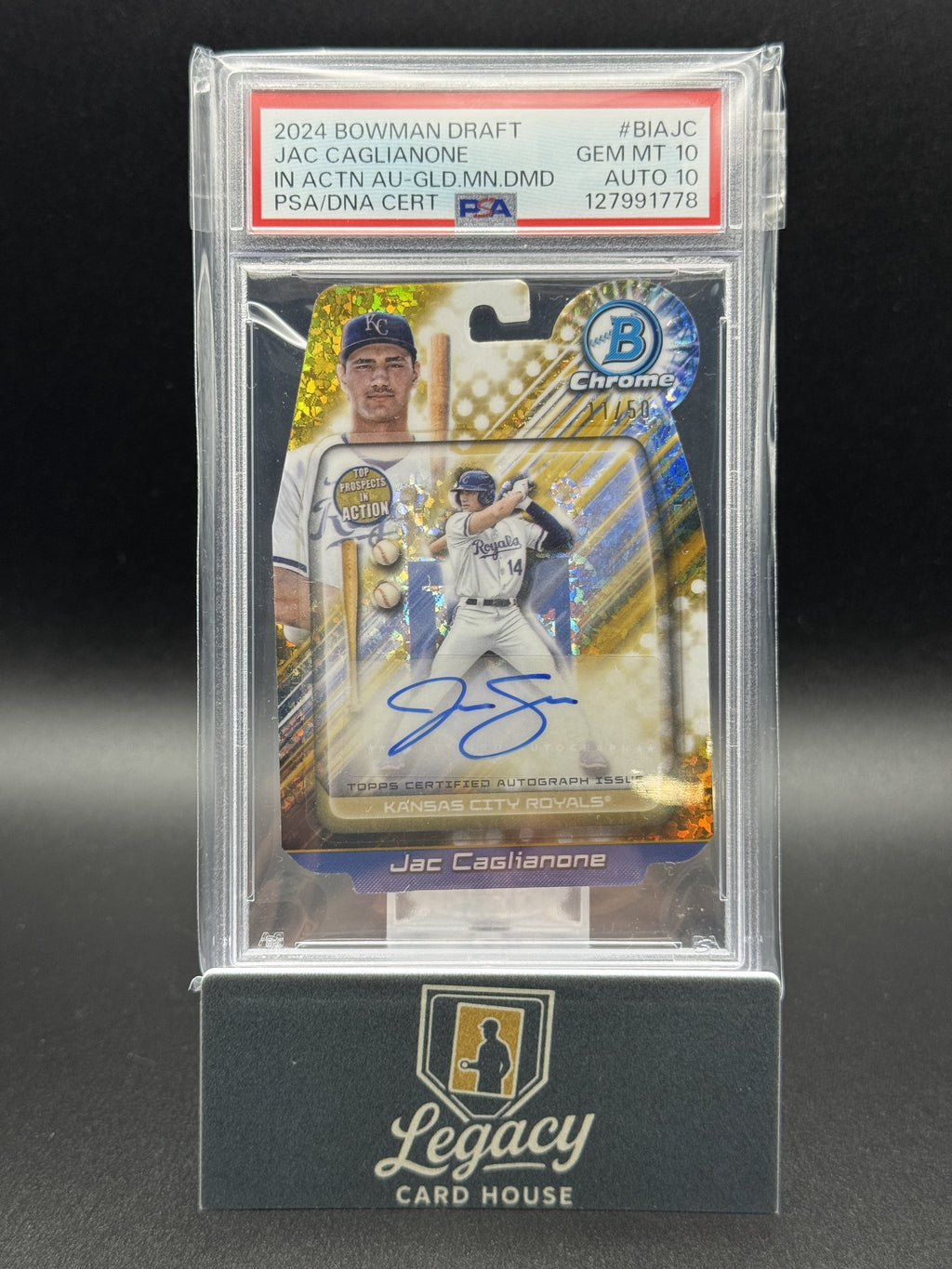 2024 Bowman Draft Jac Caglianone In Action Autos Gold Mini Diam. PSA 10 #/50