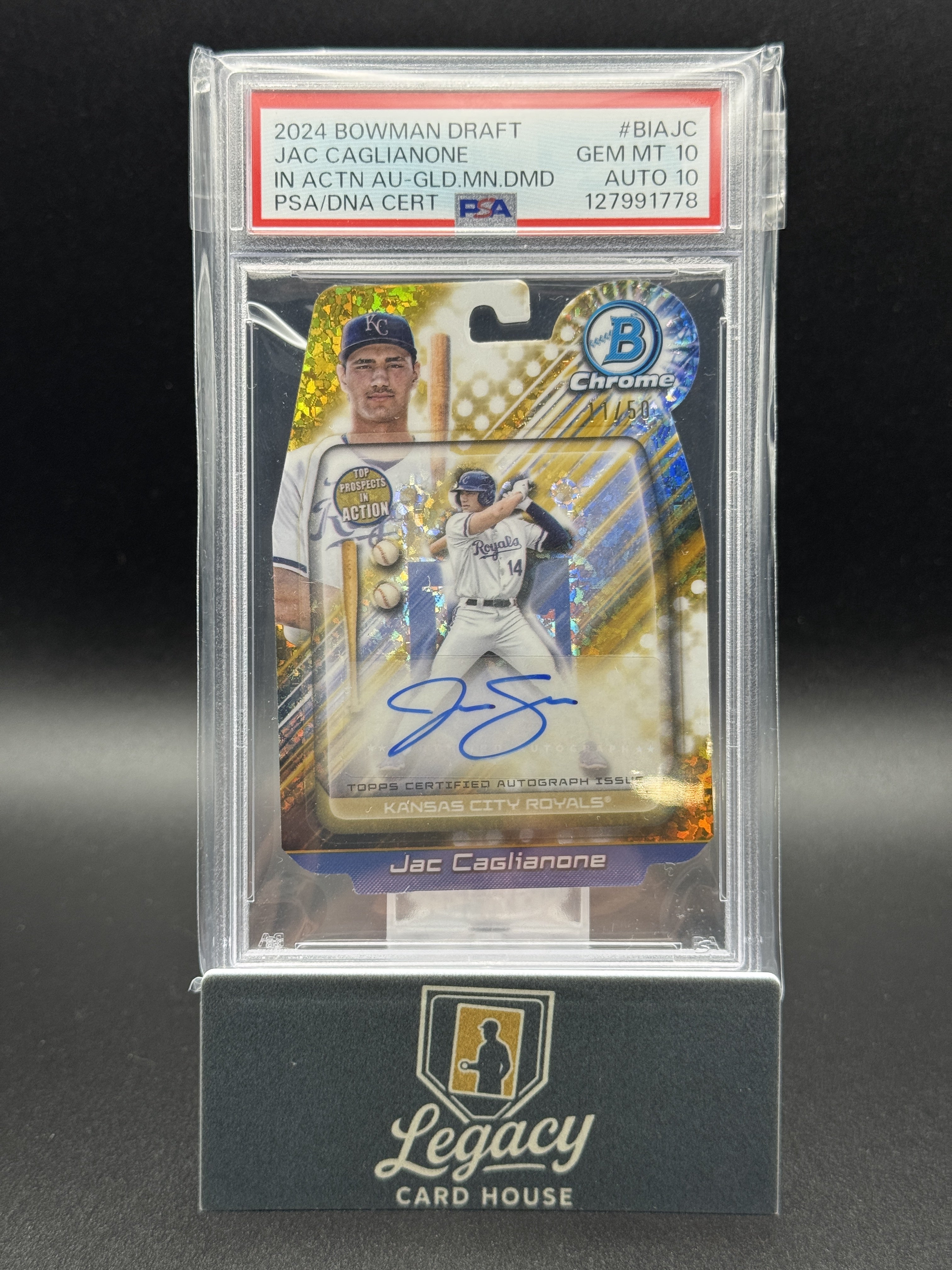 2024 Bowman Draft Jac Caglianone In Action Autos Gold Mini Diam. PSA 10 #/50