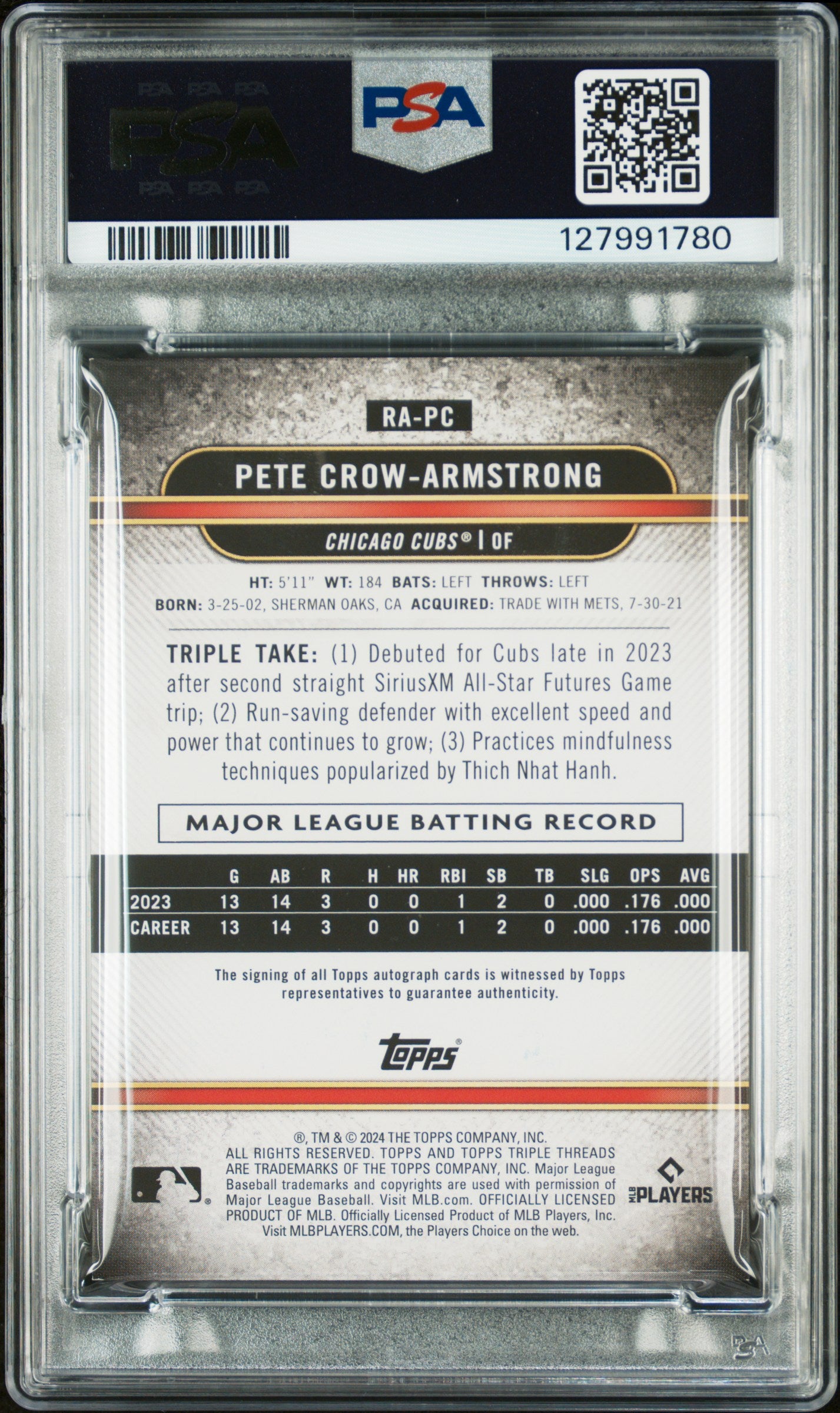 2024 Topps Triple Threads #PC Pete Crow-Armstrong Rookie Auto-Emerald PSA 8 #/50