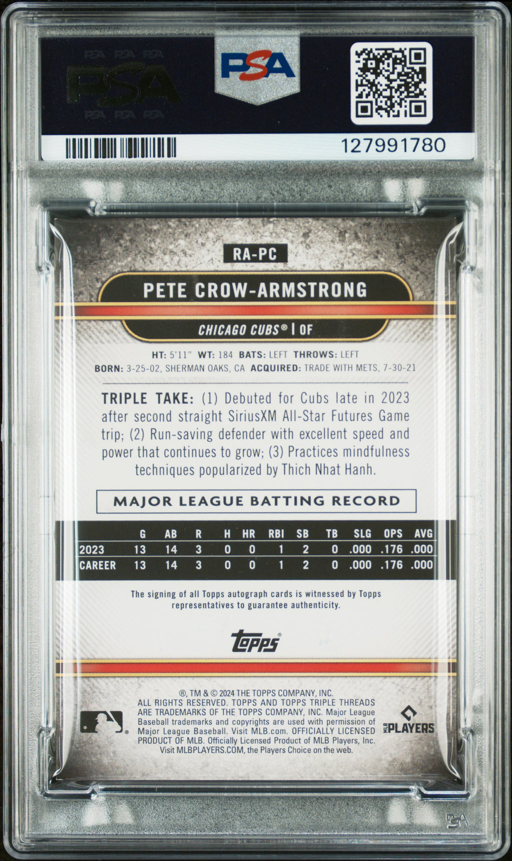 2024 Topps Triple Threads #PC Pete Crow-Armstrong Rookie Auto-Emerald PSA 8 #/50