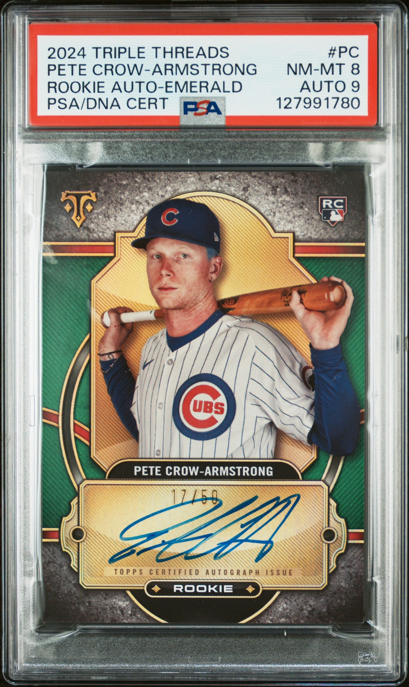 2024 Topps Triple Threads #PC Pete Crow-Armstrong Rookie Auto-Emerald PSA 8 #/50