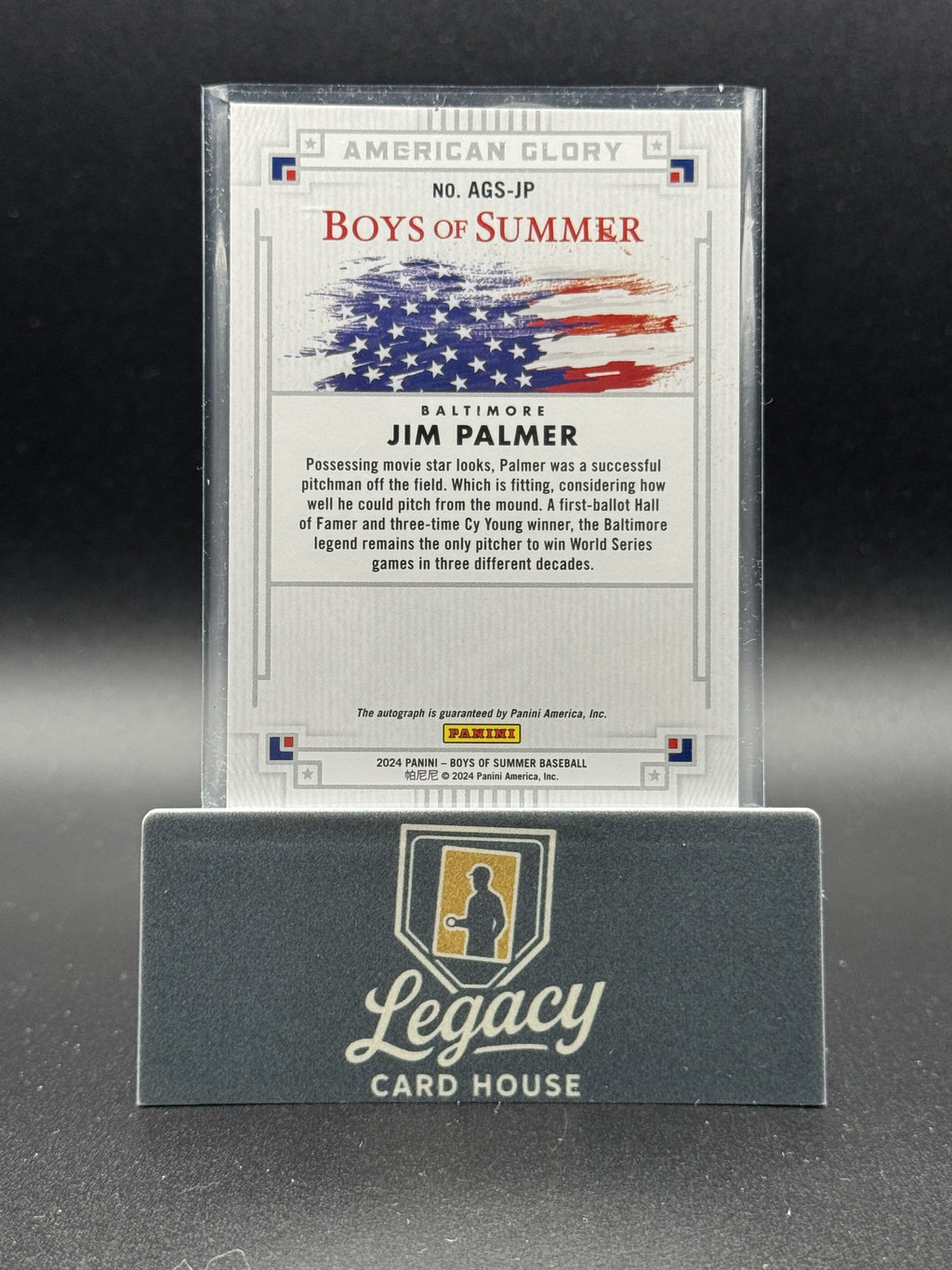 2024 Panini Boys of Summer #AGS-JP Jim Palmer American Glory Signatures #1/49