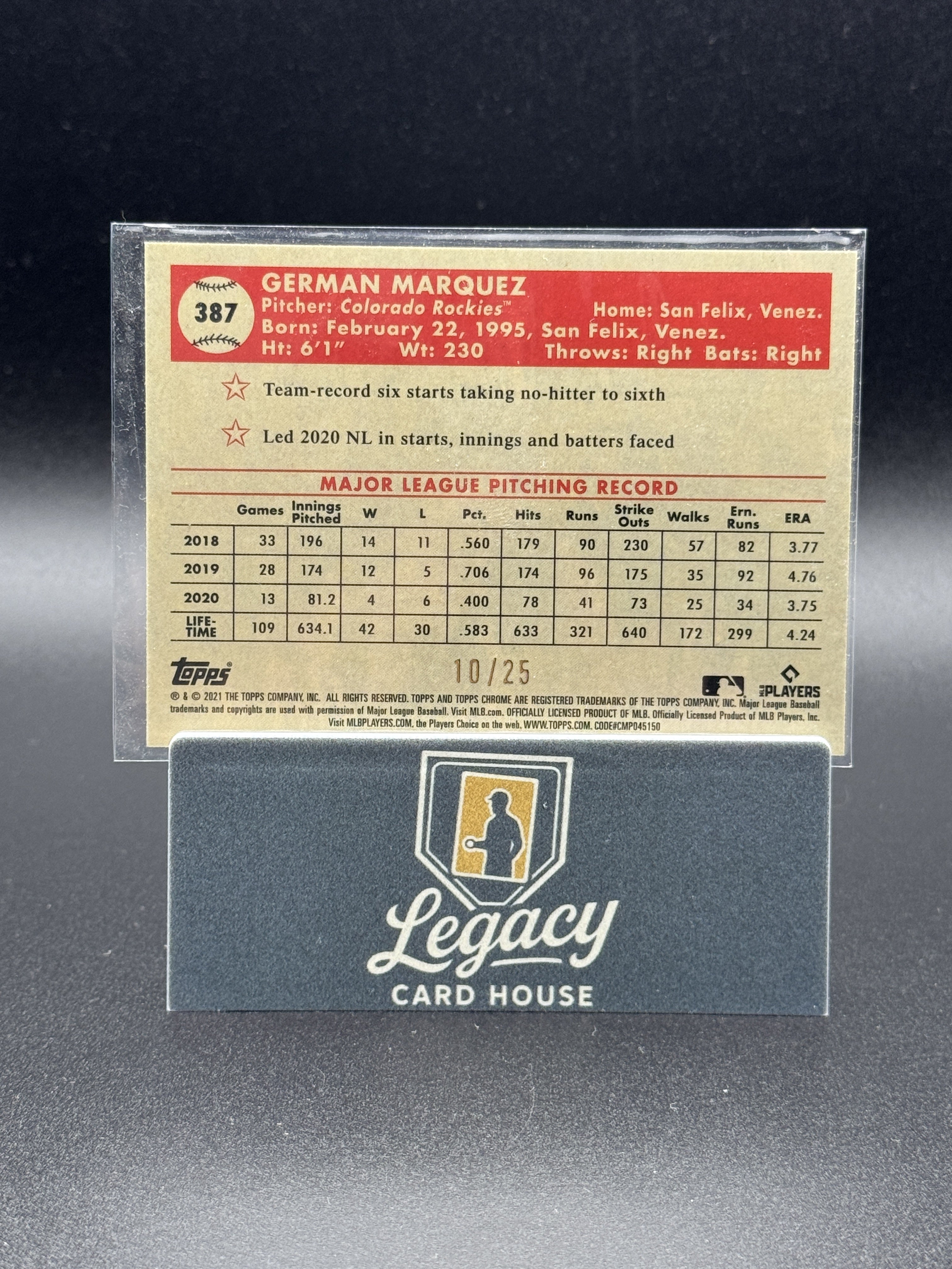 2021 Topps Chrome Platinum German Marquez Orange/Yellow 70th Anniv. Refr. #/25