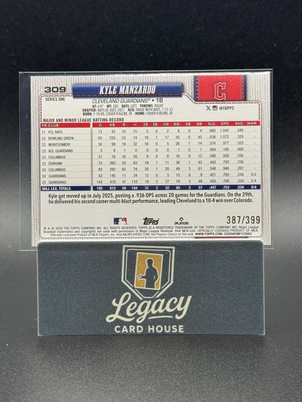 2026 Topps #309 Kyle Manzardo Yellow Holo Foil #/399