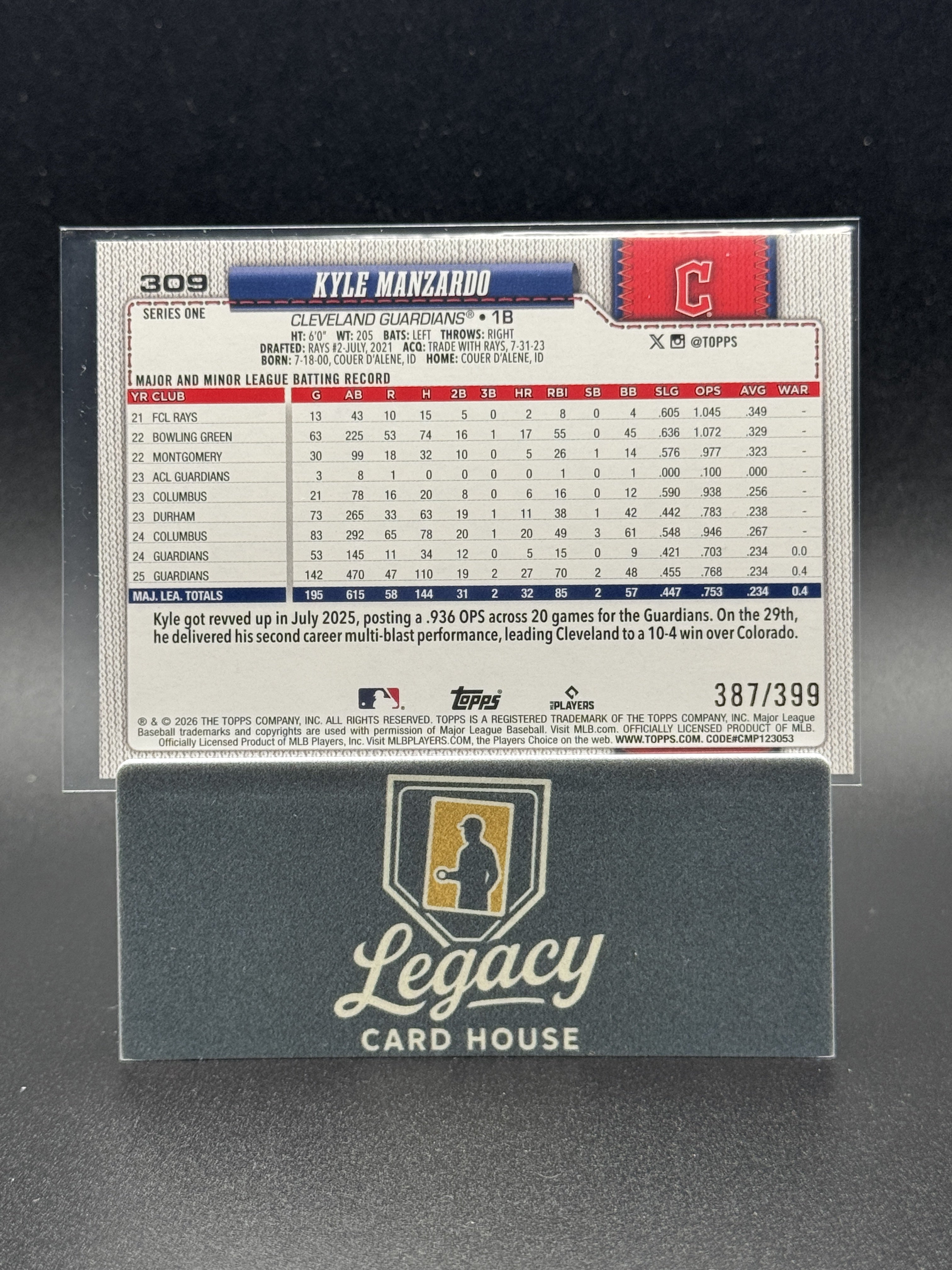 2026 Topps #309 Kyle Manzardo Yellow Holo Foil #/399