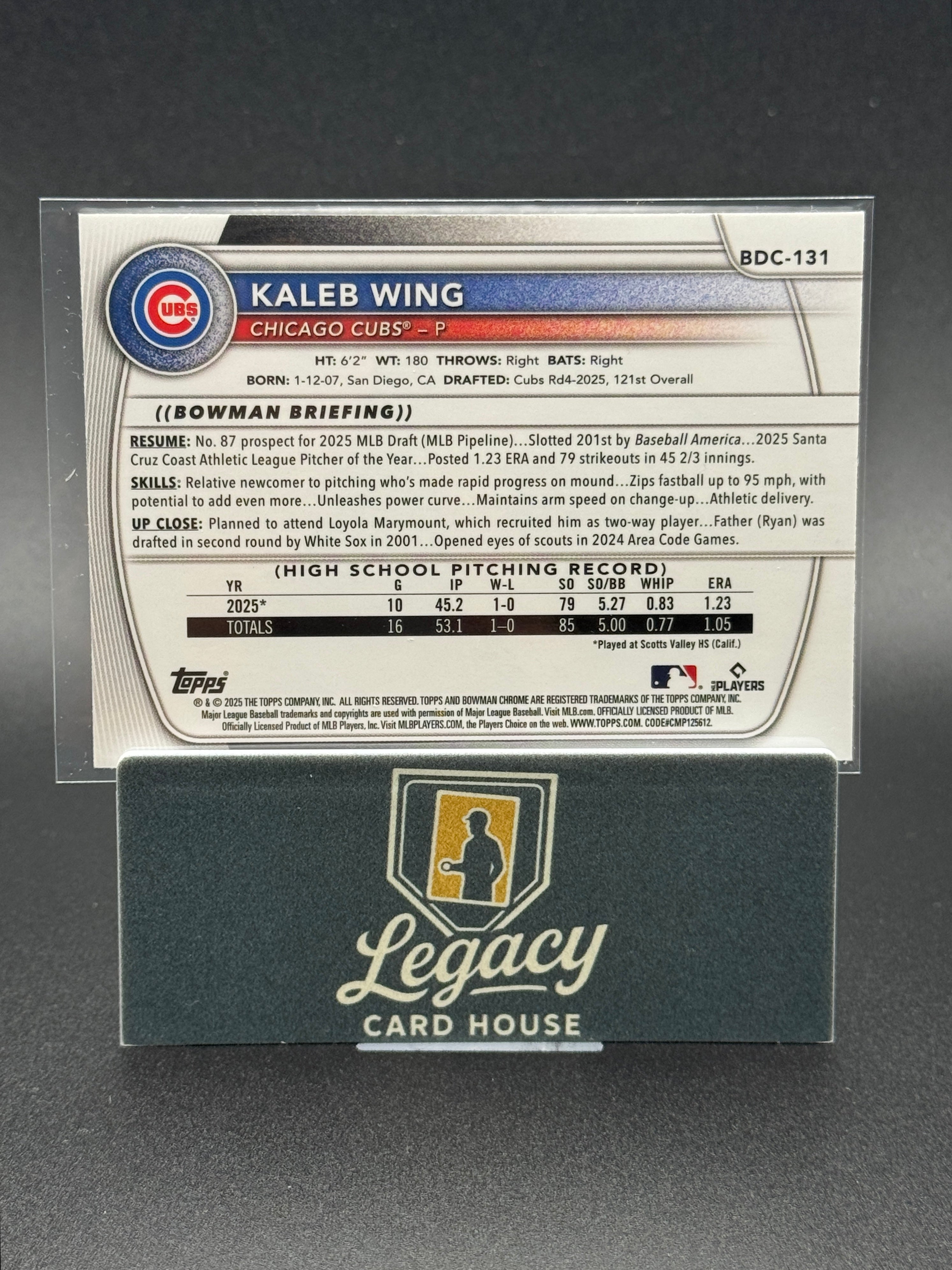 2025 Bowman Draft #BDC-131 Kaleb Wing Chrome Yellow Reptilian Refractor #/75