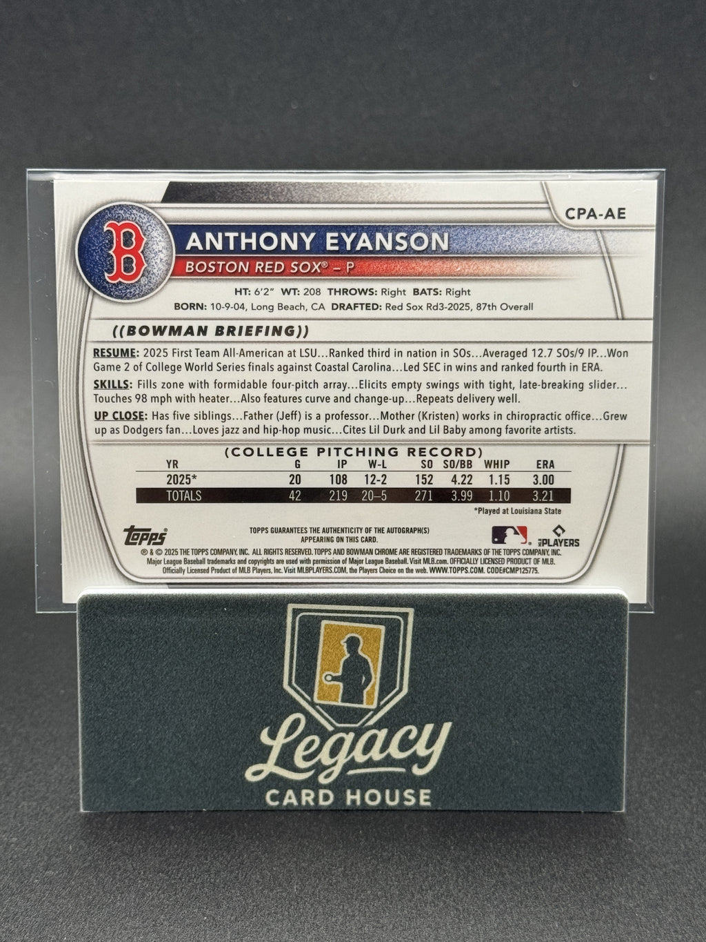 2025 Bowman Draft #CPA-AE Anthony Eyanson Chrome Prospect Autographs