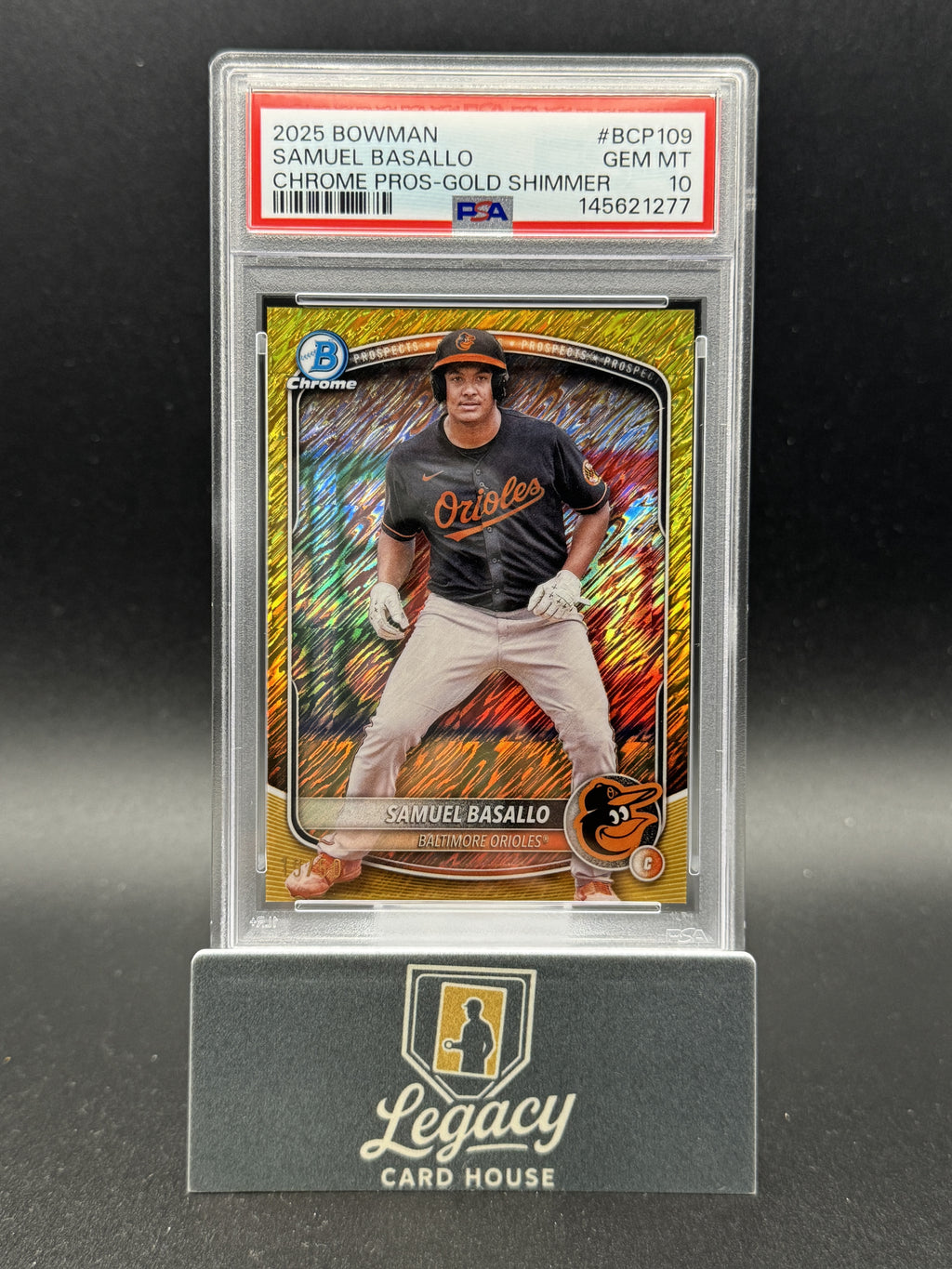 2025 Bowman Samuel Basallo Chrome Prospects Gold Shimmer Refractor PSA 10 #/50